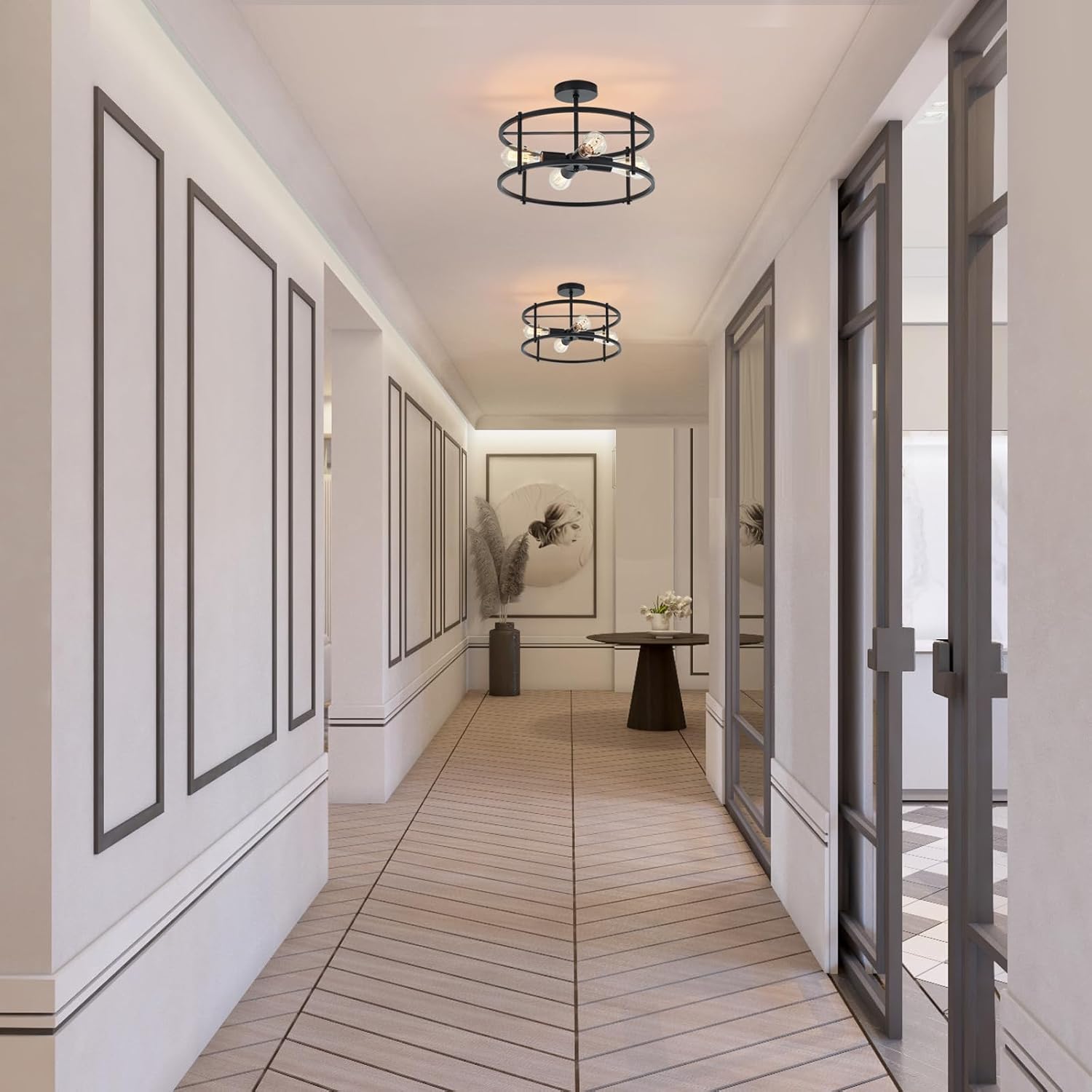 Modern Semi Flush Mount Ceiling Light Industrial 4 Lights Farmhouse Chandelier for Kitchen Dining Room Bedroom Hallway Living Room, Matte Black, Dia 17”, UL Listed