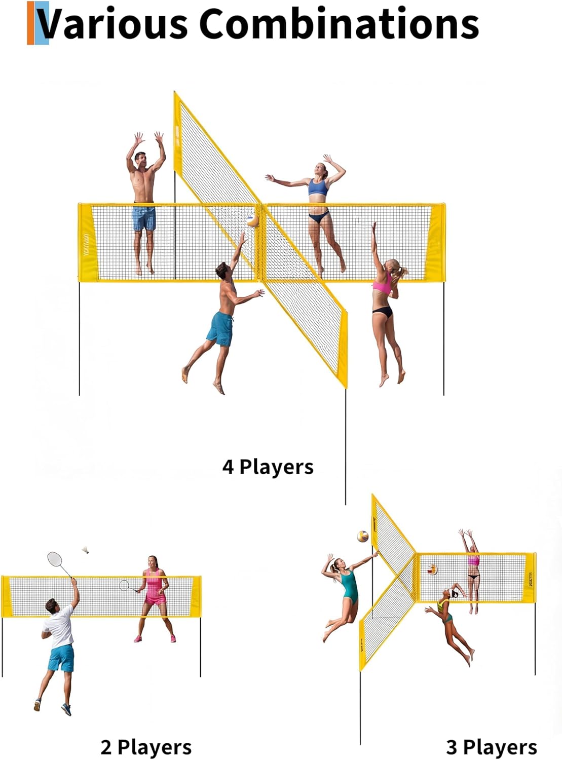 Outdoor Volleyball Net Set，14FT Portable 4 Way Adjustable Height Four Square Game with PE Net & Iron Frame, Includes Ball, Pump, Hammer, Carry Bag, Ideal for Backyard & Beach Family Playt