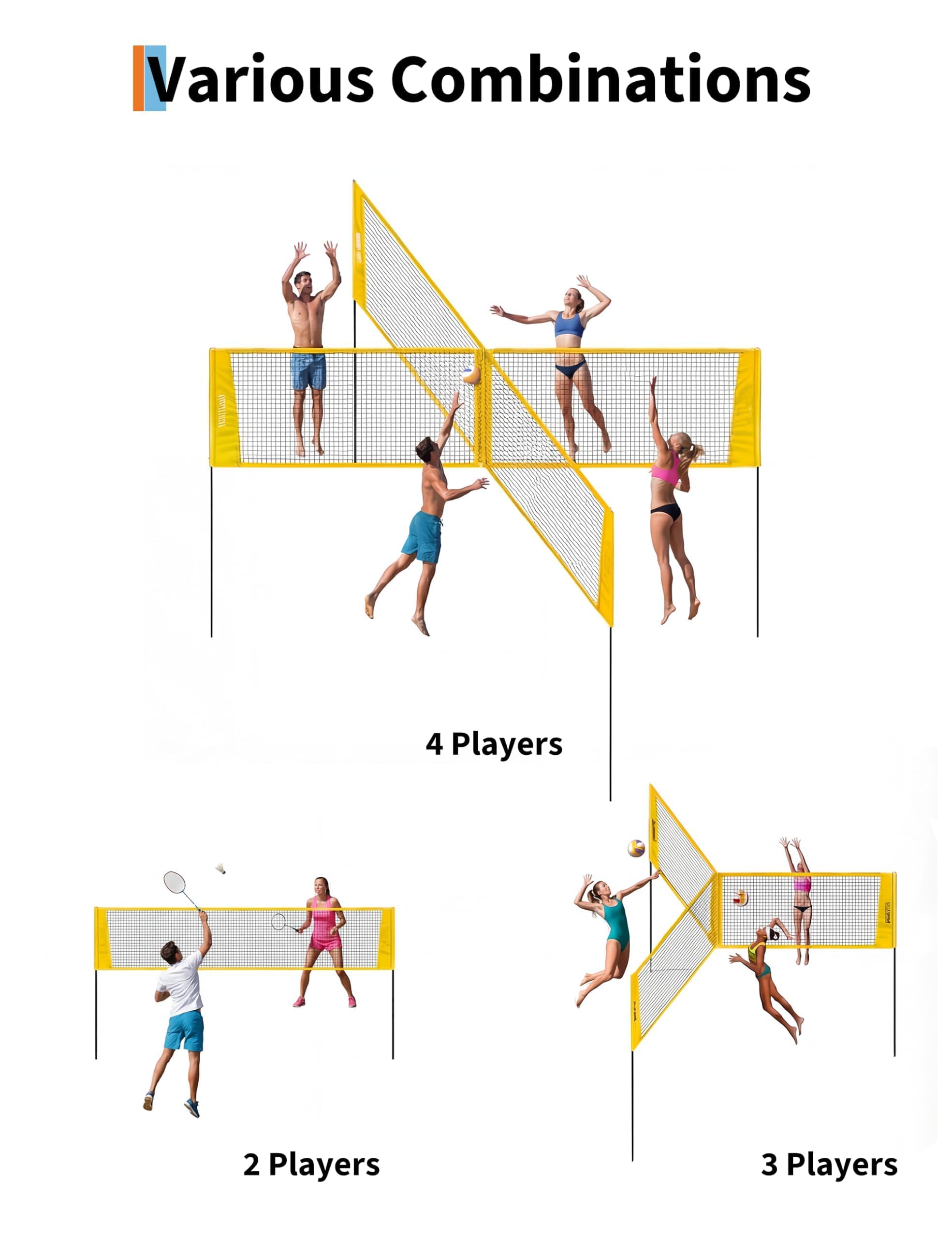 Aptliton Volleyballnetz Kreuz 4 Quadrate 4 Wege Größe 335 x 335 x 213 cm, 3 verstellbare Höhen, komplettes Kit mit Ball, Pumpe, Hammer und Tragetasche, wasserdichtes PE-Netz Anti-UV für Strand