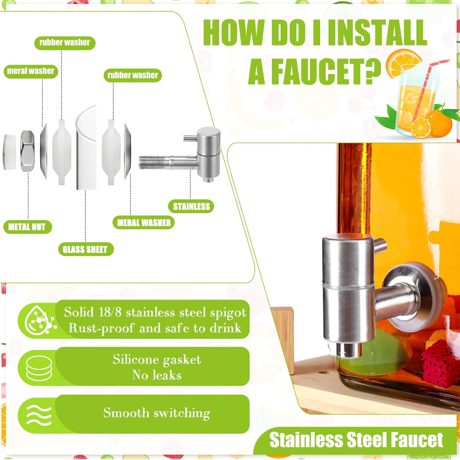 Honeydak 2 Pack 1.5 Gallon Glass Drink Dispenser with Stand, Bamboo Lid, Stainless Steel Spigot Leakproof, Beverage Dispensers for Parties, Lemonade, Iced Tea, Juice, BBQ & Picnic - Image 3