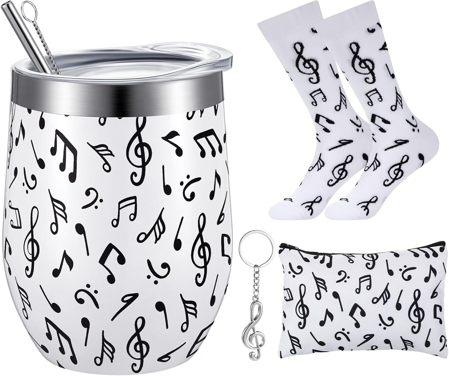 Sliner 4 Pcs Music Lover Gifts for Women Men Valentine's Day Music Teacher Gifts Musical Note Wine Tumbler Socks Makeup Bags Keychains for Choir Marching Band Musicians Singers Gift Accessories(White)
