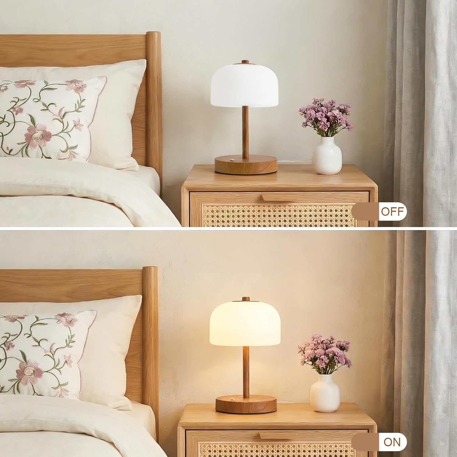 Oneach 9.5" Touch Control Table Lamp with USB A+C Charging Ports, Wood Grain Dimmable LED Bedside Lamp with 3 Color Temperatures, Small Modern Table Lamps for Bedroom Nightstand Living Room