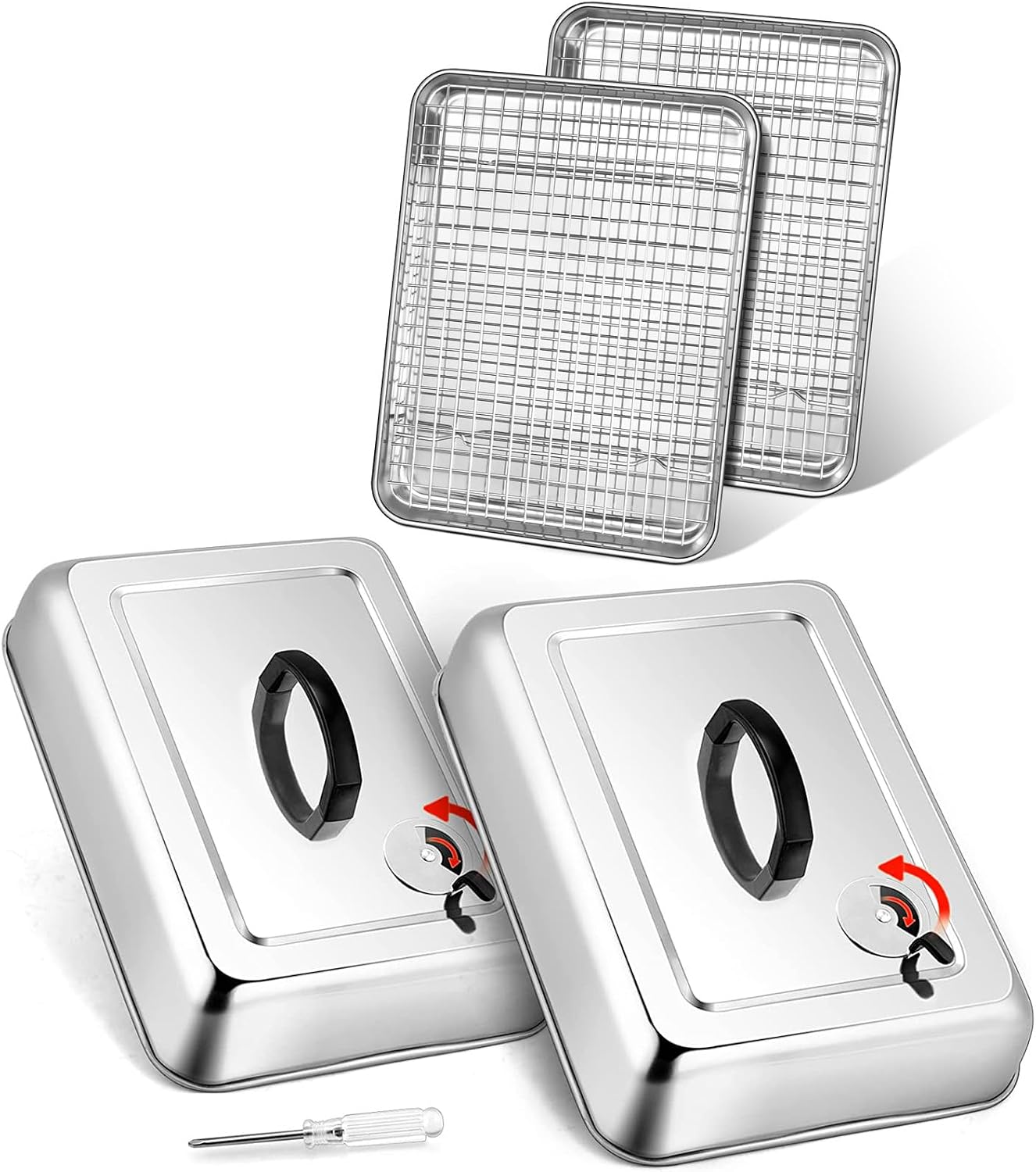 Leonyo 13 x 9 Inch Rectangular Basting Cover Set of 2, 12.5" Baking Tray with Wire Rack, Stainless Steel Cheese Melting Dome Lid with Adjustable Vent