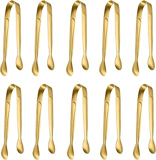 10 Pack Small Ice Tongs Sugar Tongs, Stainless Steel Mini Serving Appetizers Tongs for Party Coffee Tea Wine Bar Kitchen (Golden)