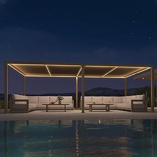 PURPLE LEAF Pergola 3,5 x 7,16 m mit LED-Lichtleiste Lamellenpergola Voll-Alu Terrassenüberdachung Wasserdicht Stabil Winterfest mit Verstellbare Lamellen & duales Ladesystem, Champagner