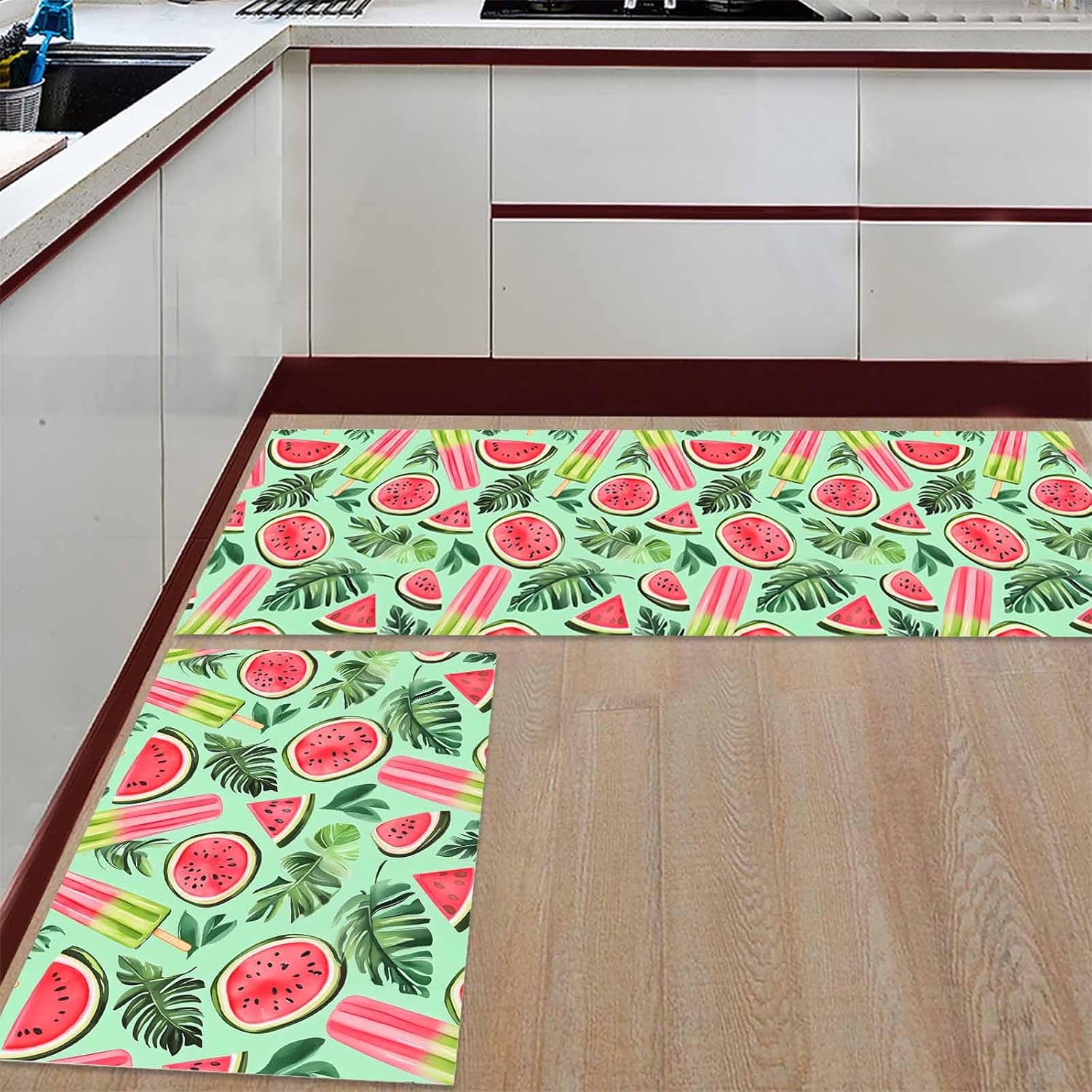 2 Pieces Kitchen Rugs and Mats,Summer Watermelon Popsicle Leaf Area Runner Rug Set Non Slip Floor Doormat Washable Carpet Standing Mat for Kitchen Sink Indoor Corridor,Watercolor Fruit Plant on Green