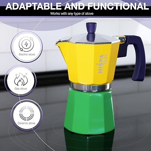 Miniatura 3 de Cafetera de café expreso para estufa, 3 tazas de café expreso (6 onzas), aluminio, plata, verde, azul y amarillo, con temática brasileña, cafetería,
