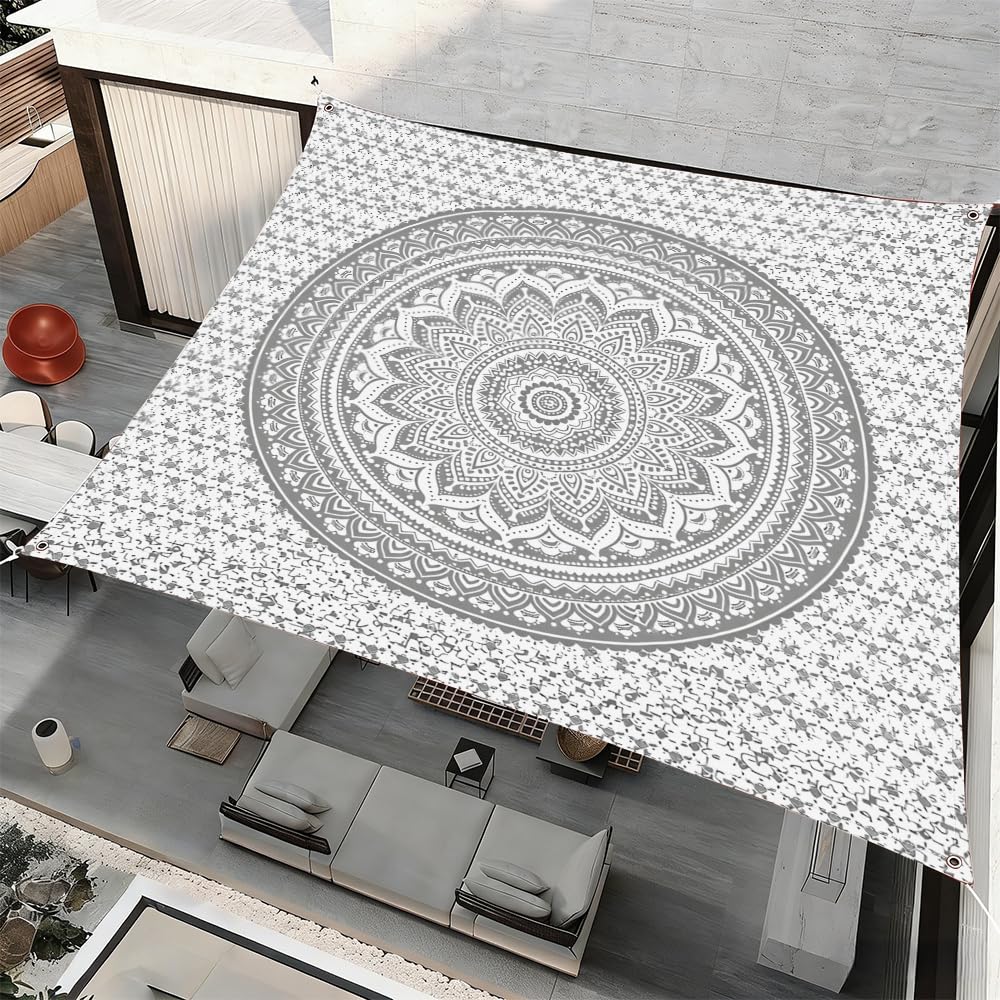 Morbuy Sonnensegel Wasserdicht Rechteckig mit Ösen und Seil, Boho Muster Sonnensegel Sonnenschutz Windschutz Polyester Stoff für Garten Terrasse Balkon, Camping (Grau,150x150cm)