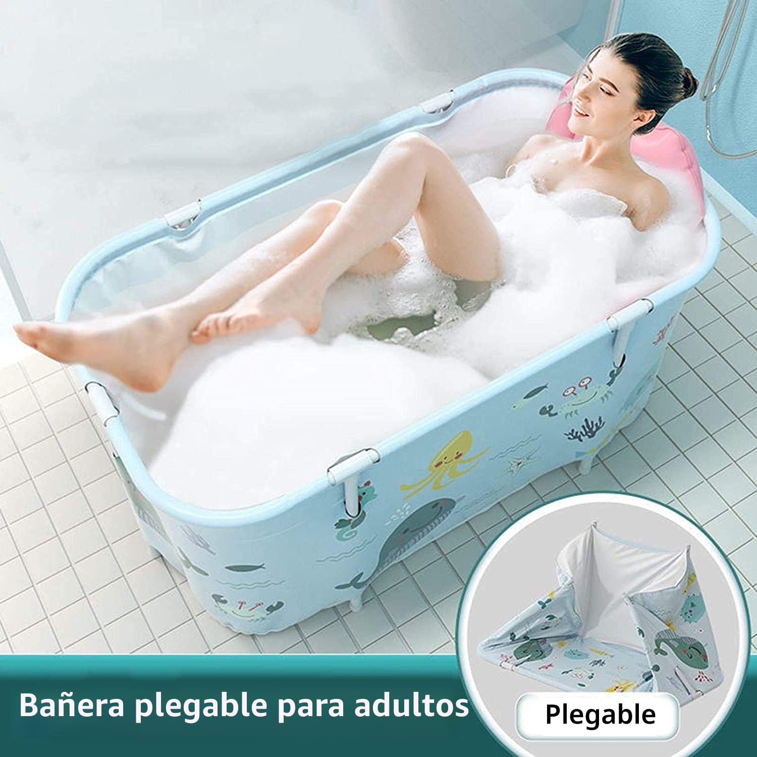 Bañera portátil plegable en plástico, bañera de tamaño extragrande, para adultos y niños, 120 cm, color azul