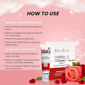 Eventon-C Skin Brightening Cream & Herbal Soap Combo – Pack of 2 | Vitamin C Glow Formula | Deep Cleansing, Acne Care & Even Skin Tone | Multiple Herbal Soap Variants | For Men & Women (Pinkish Red)