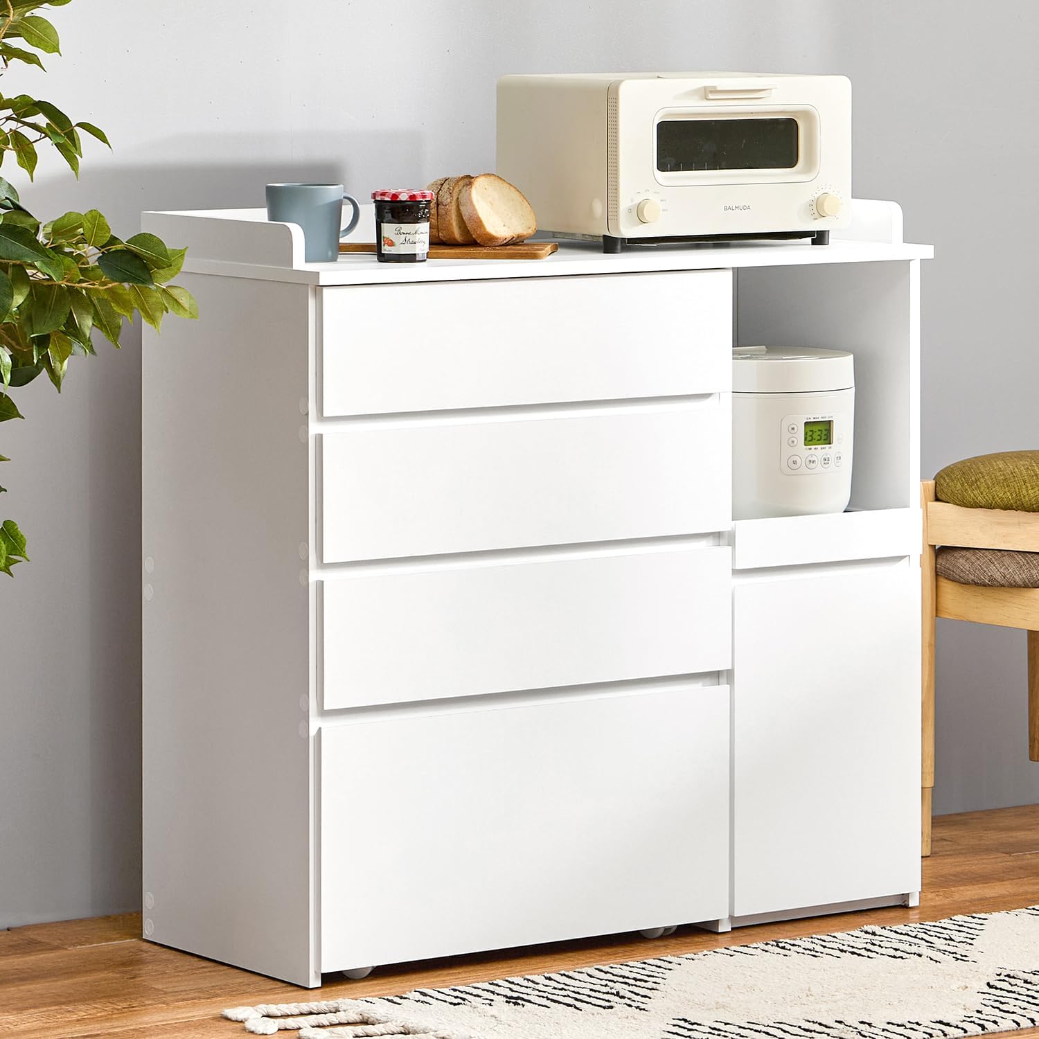 Hagihara VKC-7158WH [Fall Prevention, Top with Border] Kitchen Counter, Cupboard, Microwave Stand, Sliding Shelf, Large Capacity, 2 Outlets, Storage Rack, 35.0 inches (89 cm), Width 35.0 inches (89 cm