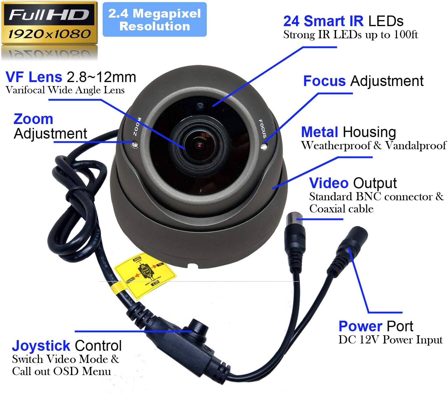 1stPV 1080p HD Security Dome Camera, 4-in-1 (TVI/AHD/CVI/CVBS) Varifocal 2.8-12mm Lens, Vandalproof & Weatherproof, STARVIS WDR Night Vision (Charcoal)