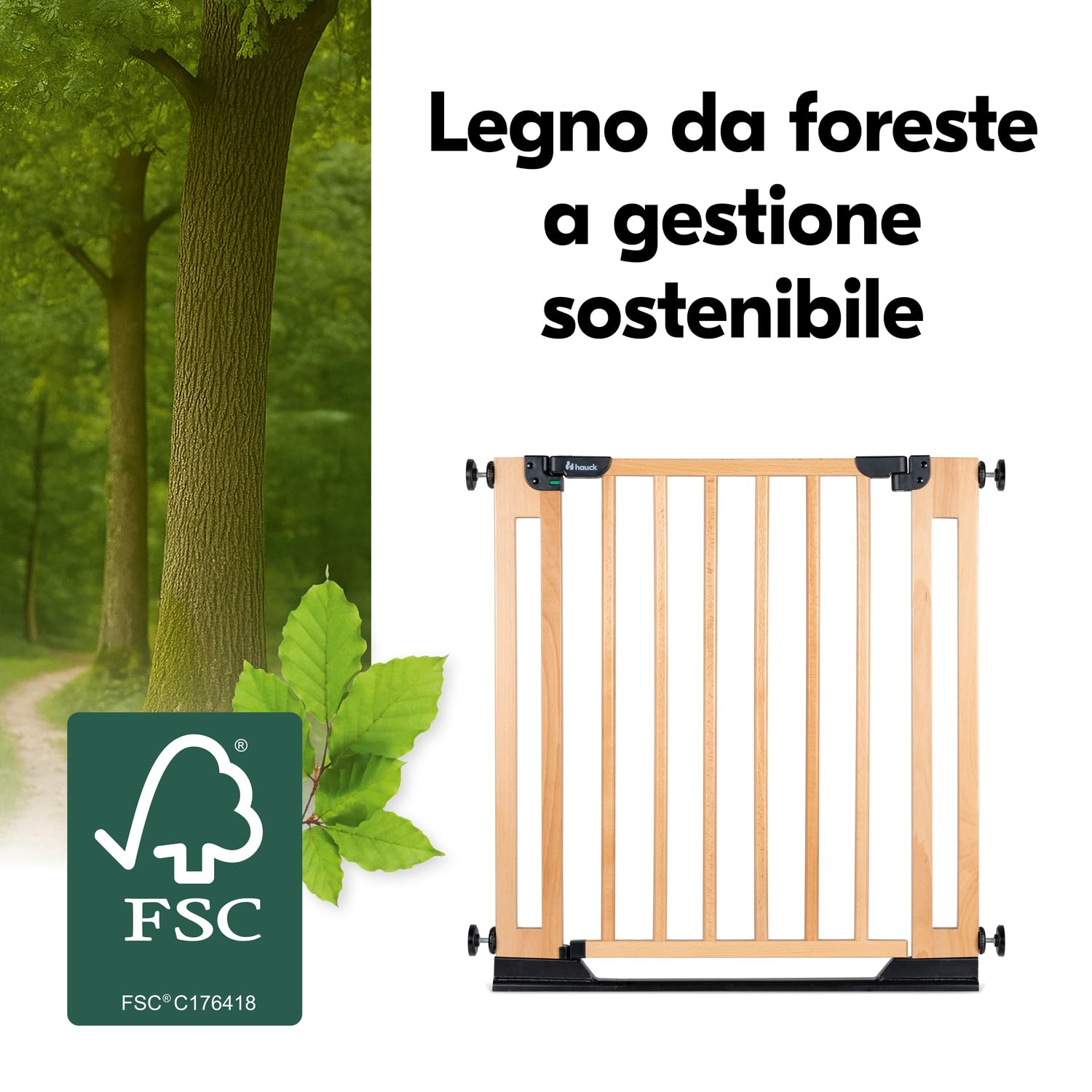 hauck Clear Step Easyclose Eco, Legno di Faggio - Cancelletto di Sicurezza Porte e Scale Interno per Bambini e Cani - Regolabile 75-80 cm con Viti Incluse - Alto 76 cm - Fissaggio Stabile con Fori