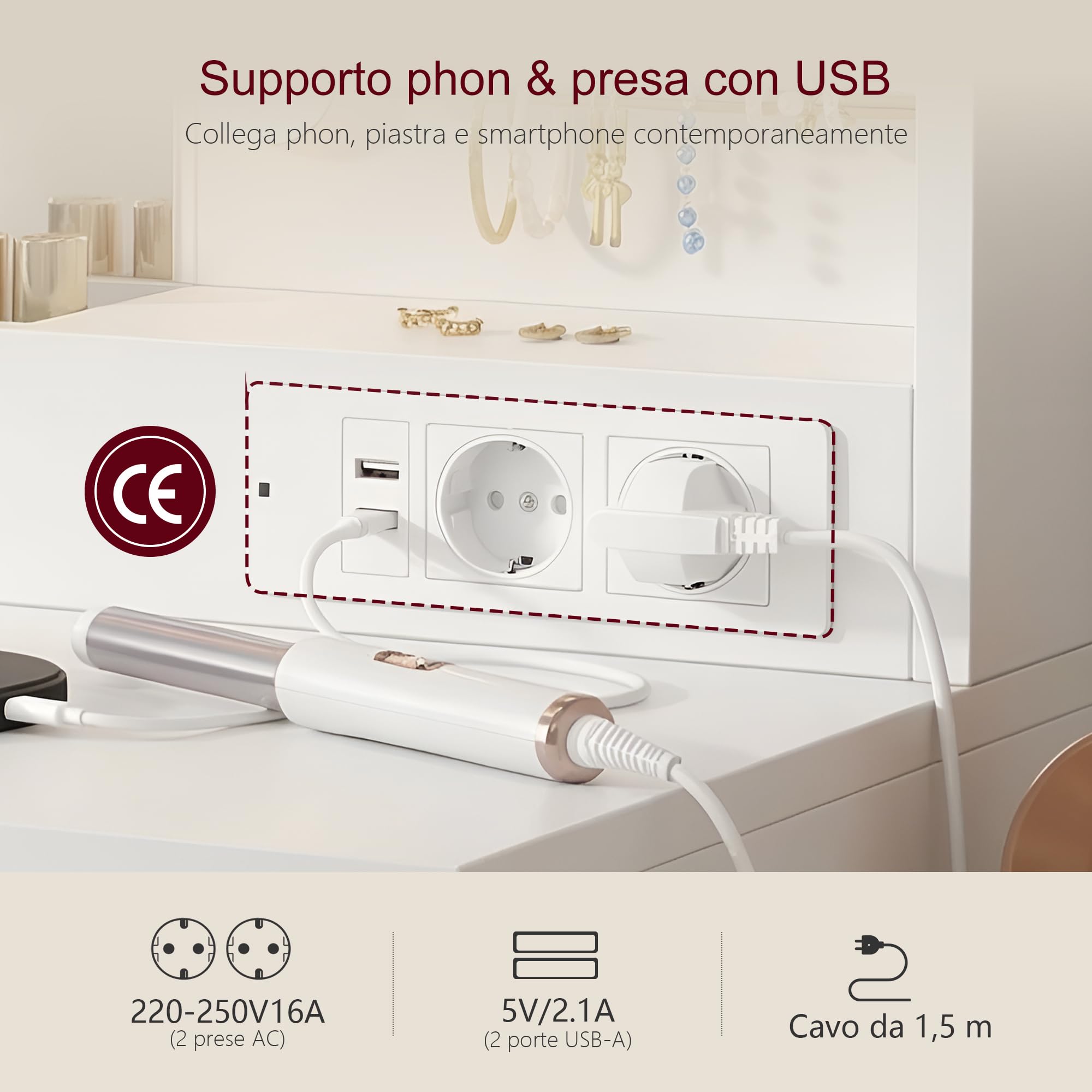 Heybly Toeletta Trucco con Specchio LED e Luci, Tavolo da Trucco con 6 Cassetti e 6 Ripiani, Presa Integrata e Porta Gioielli, Vanity Moderna per Camera da Letto, Bianco BDT002WT