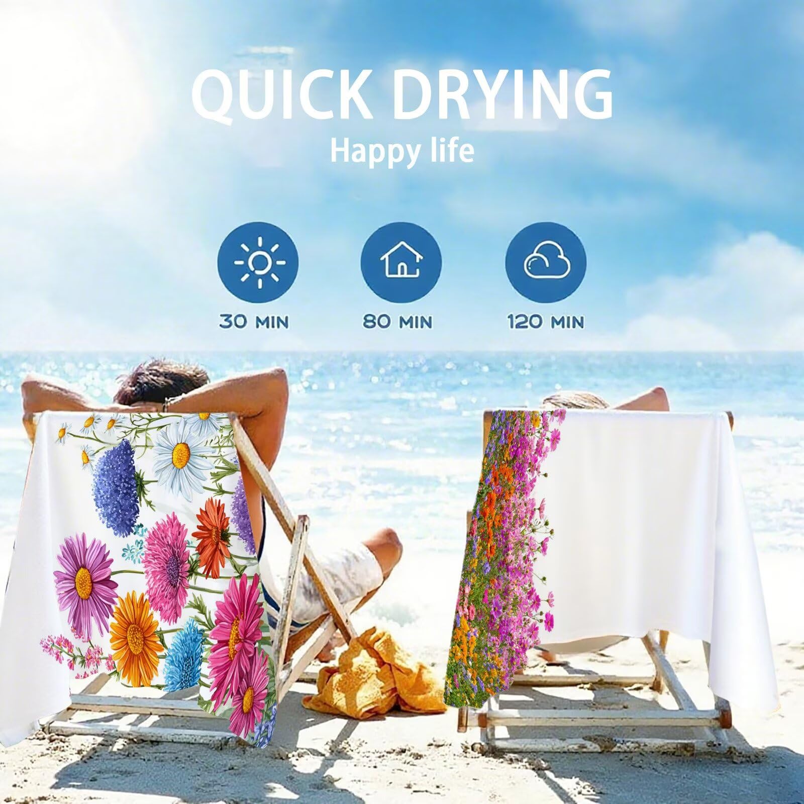 Ręcznik plażowy stokrotka ręczniki plażowe dla dorosłych 85 x 170 cm roślinny ręcznik z mikrofibry ręcznik kąpielowy bez piasku, miękki, chłonny, szybkoschnący, lekki, do pływania, na plażę, jogę