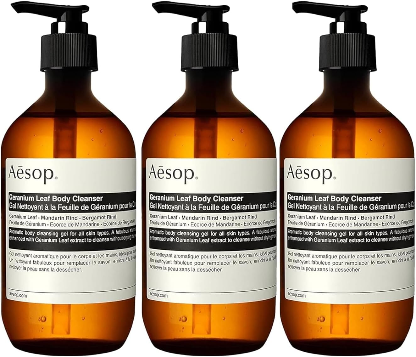 Geranium Leaf Body Cleanser | Gentle Shower Gel with Geranium, Mandarin and Bergamot Essential Oil Blend to Refresh & Balance Skin | 500 mL / 16.9 oz (Pack of 3)