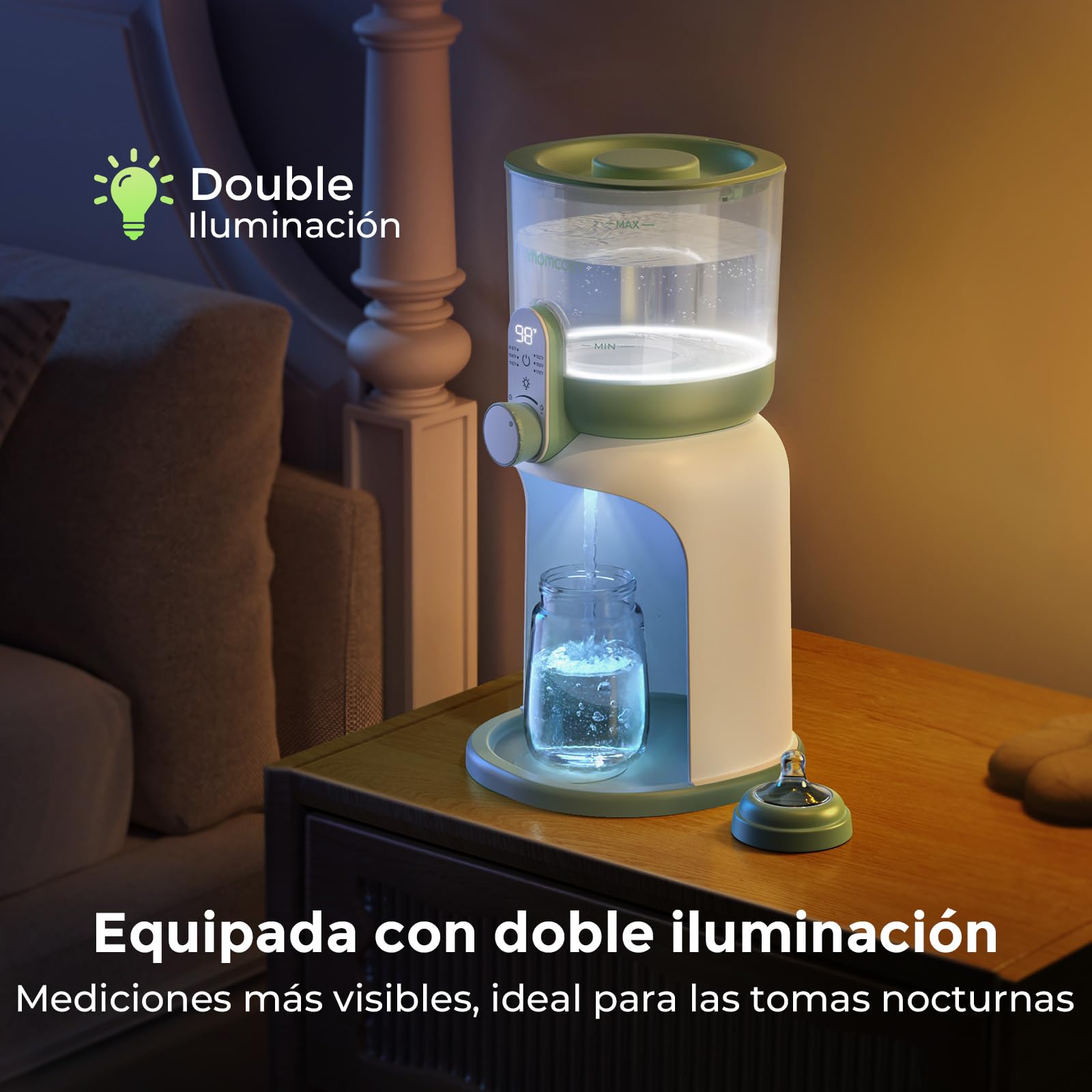 Momcozy calienta biberones con luz doble, calentador rápido de leche bebé, 1,69L, 6 niveles, uso recomendado de agua purificada