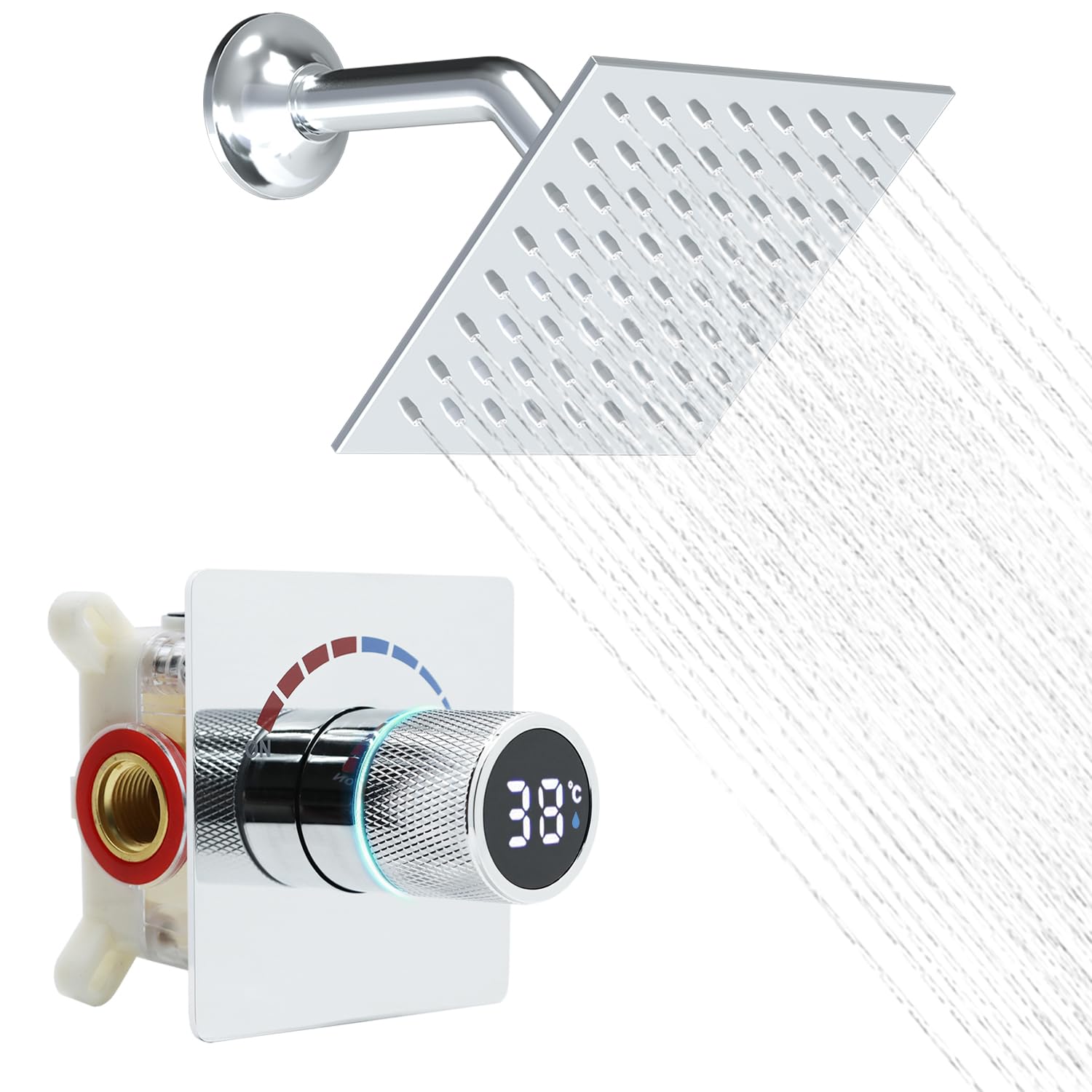 Delnet Shower Faucet Set, Bathroom Rainfall 6 Inch 4 Holes Shower Head, Single Way Digital Display Shower Trim Kit, Chrome