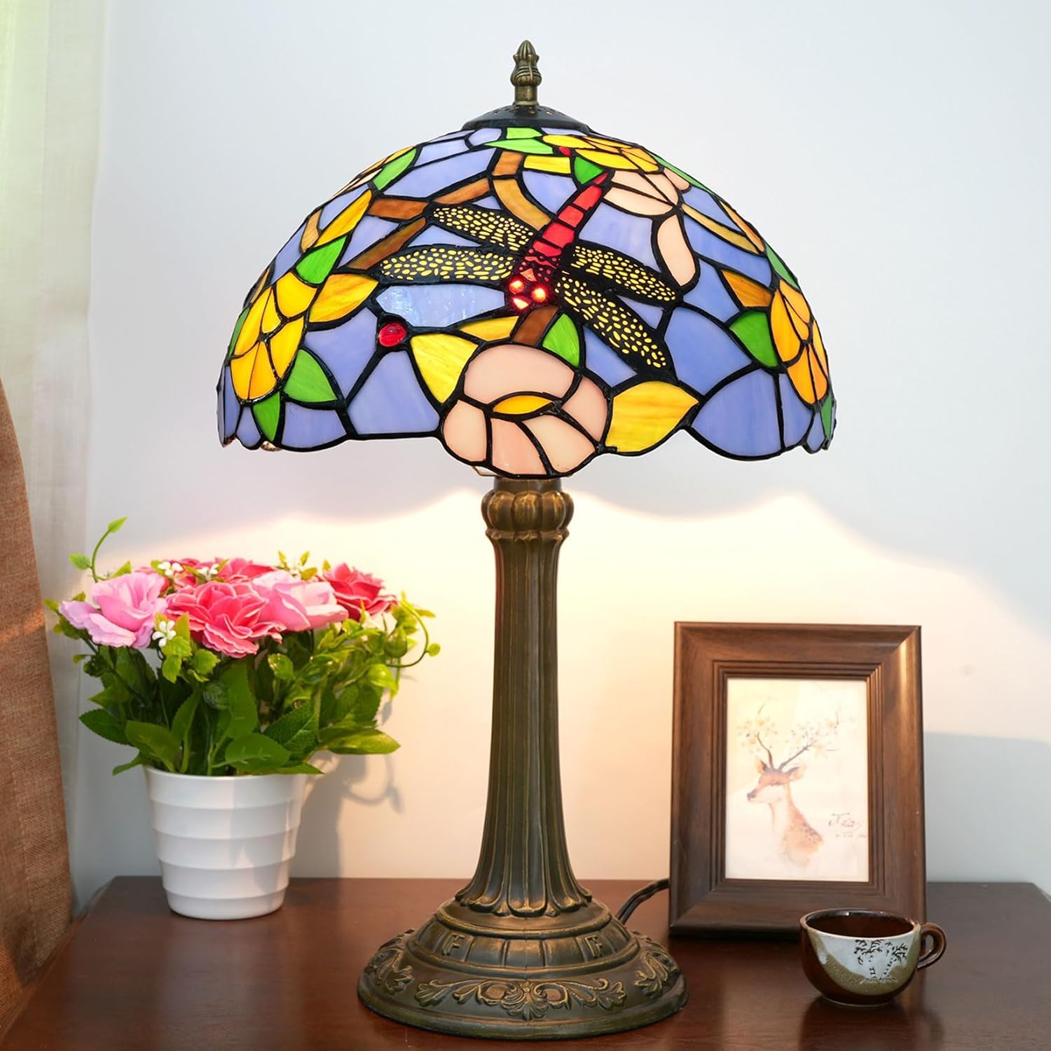 Lampa w stylu Tiffany'ego Witraż w stylu ważki Lampka nocna na biurko Lampka do czytania Wystrój Kochanka Dziewczyna Szafka nocna Sypialnia Salon Biuro w domu Komoda na biurko S12XH19 cali (g)