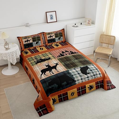 Miniatura 2 de Juego de ropa de cama a cuadros de búfalo, decoración de cabaña, campamento, oso, alce, ciervo, edredón para niños, adolescentes, rosa, naranja,