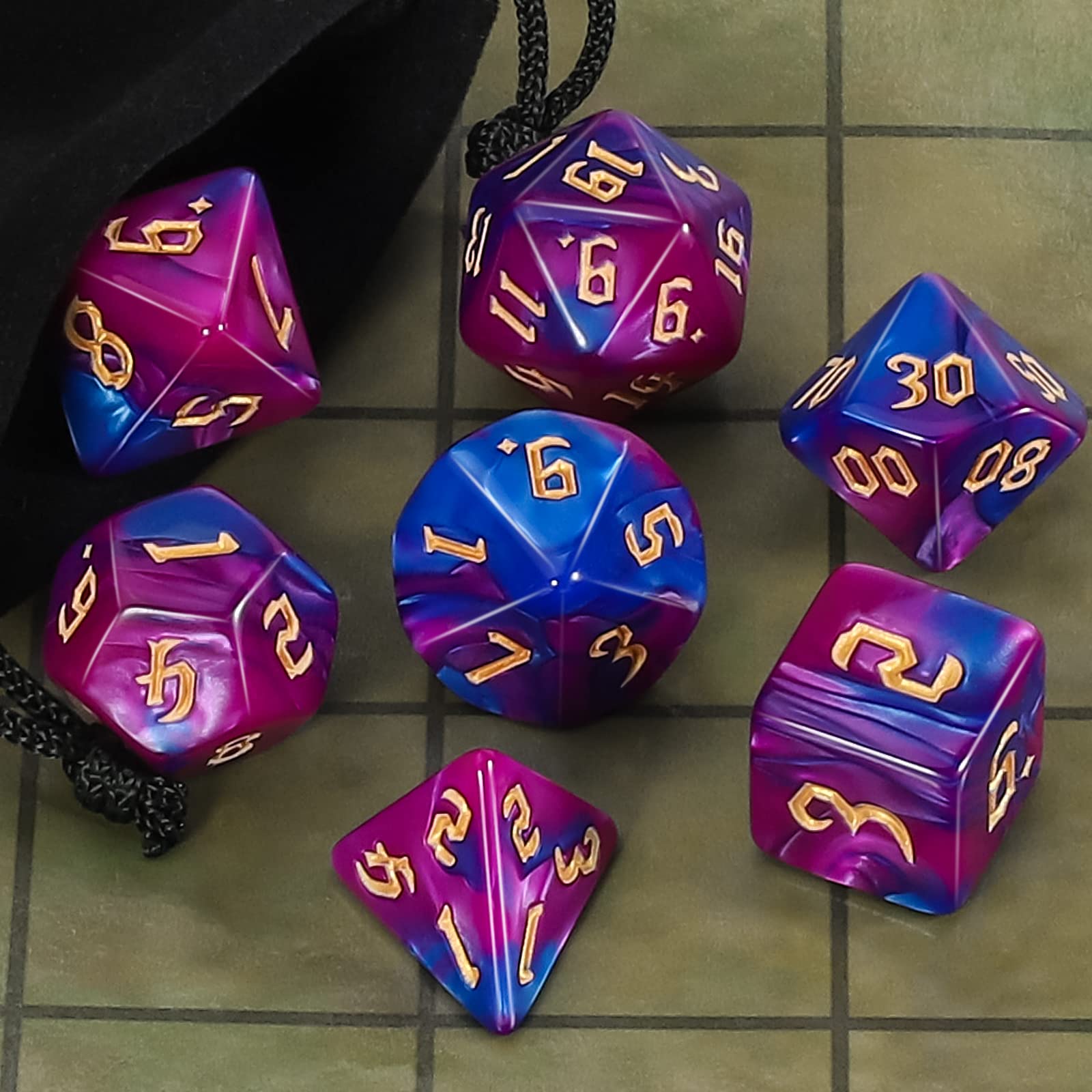 QMAY DND Dice Polyhedral Dice Set – 7 pezzi per Dungeon and Dragons MTG RPG D&D D20, D12, D10, D%, D8, D6, D4 (blu con viola) - 4