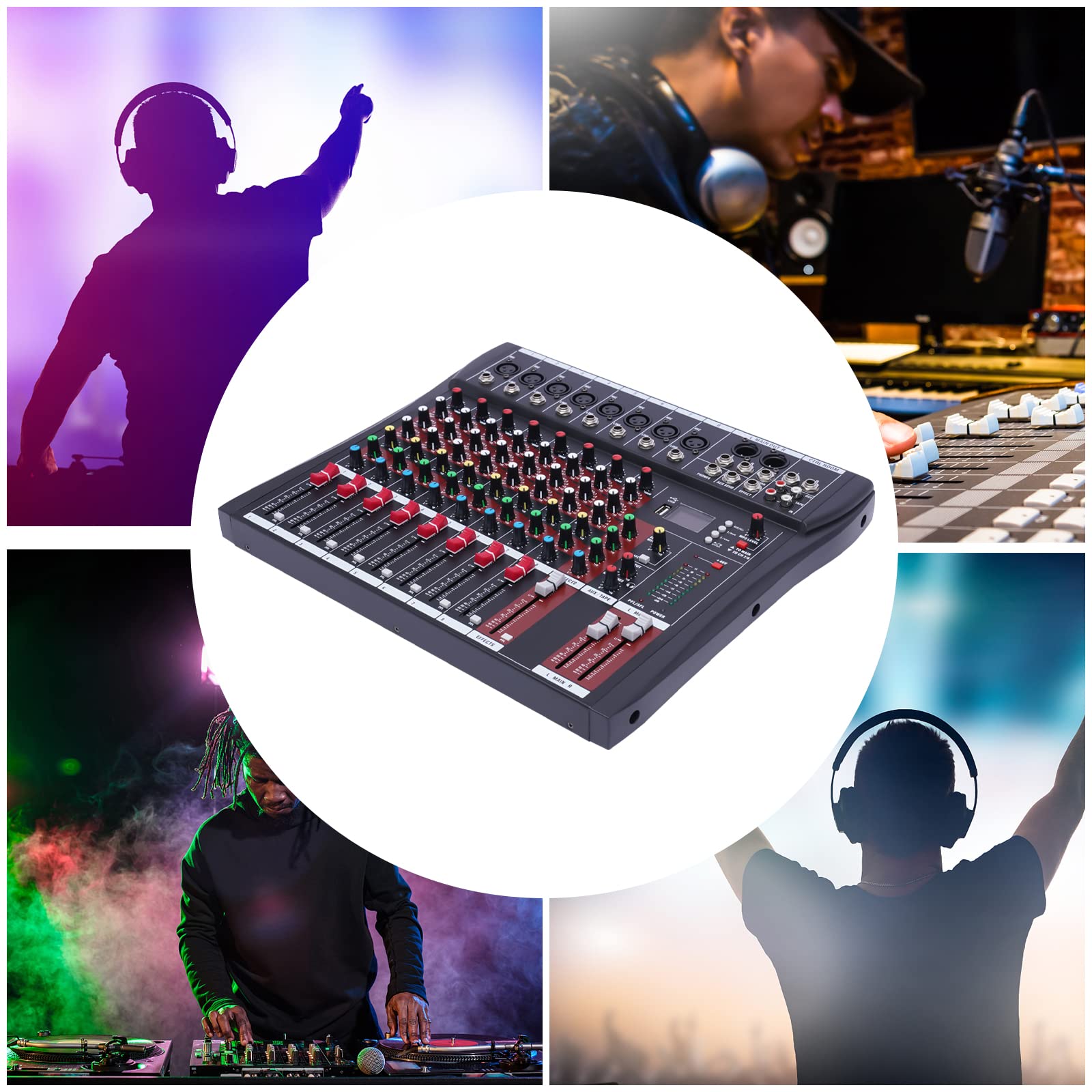 Mixer audio professionale a 8 canali con Bluetooth e USB – mixer DJ con alimentazione phantom da 48 V per registrazioni dal vivo, produzione in studio e attrezzatura DJ