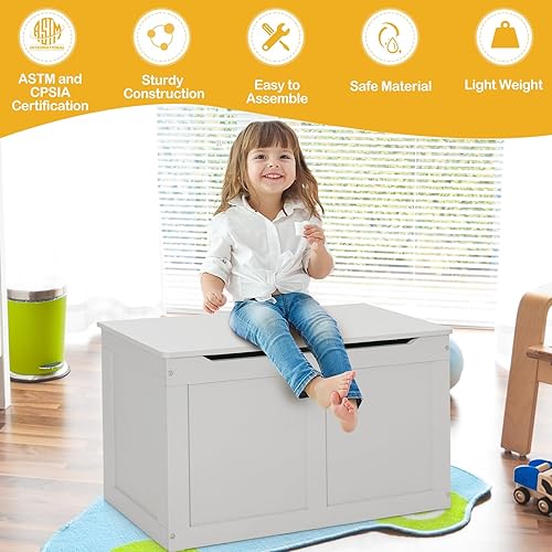 Miniatura 13 de HONEY JOY Caja de juguetes de madera para niños, baúl grande 2 en 1 de almacenamiento de juguetes con asiento acolchado acolchado, asas de Azul,Azul