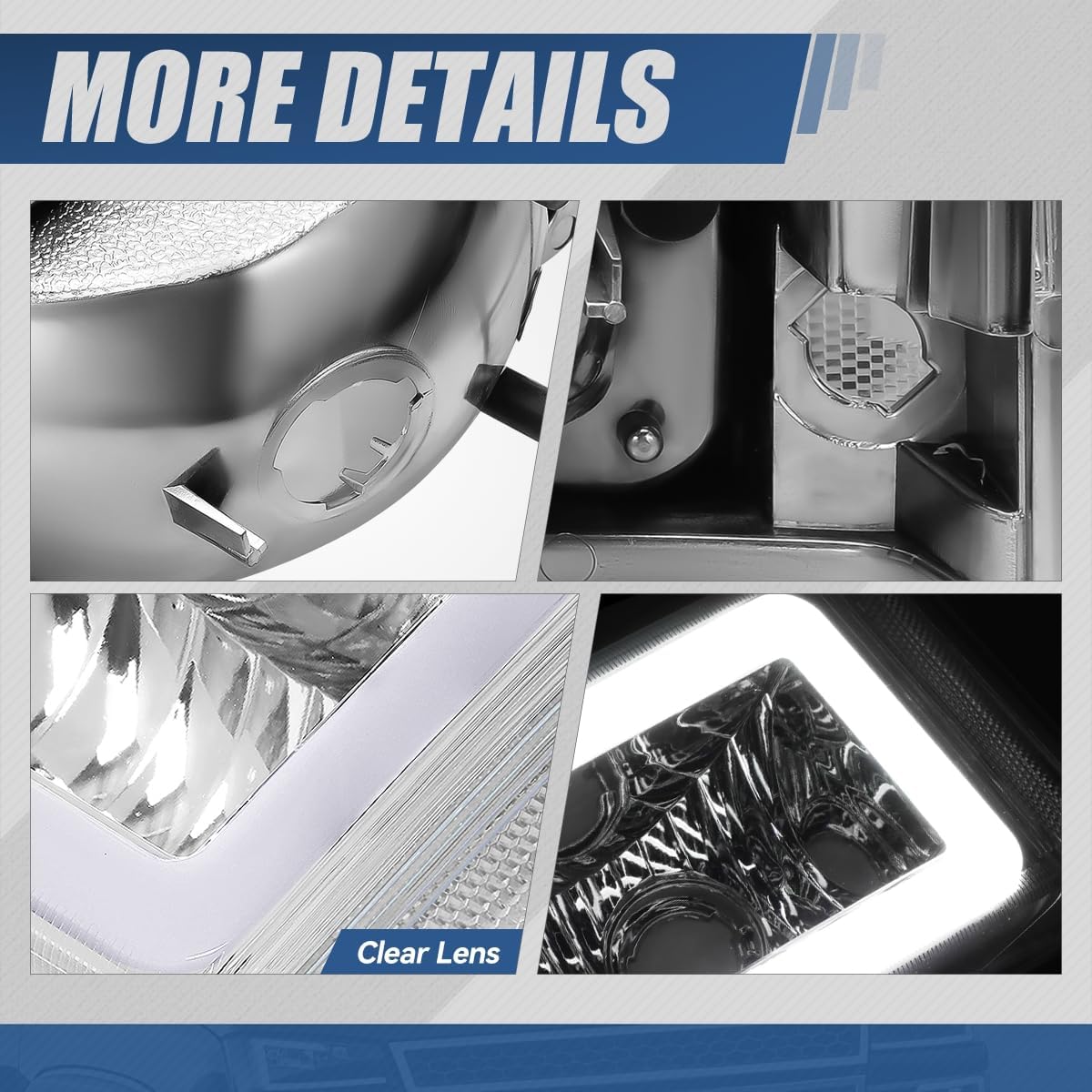 Auto Dynasty 4PCS LED DRL Headlight Lamps Compatible with Chevy Silverado Avalanche 1500 2500 3500 03 04 05 06 / Chevy Silverado Classic Models 07, Driver and Passenger Side, Chrome Housing Clear Lens