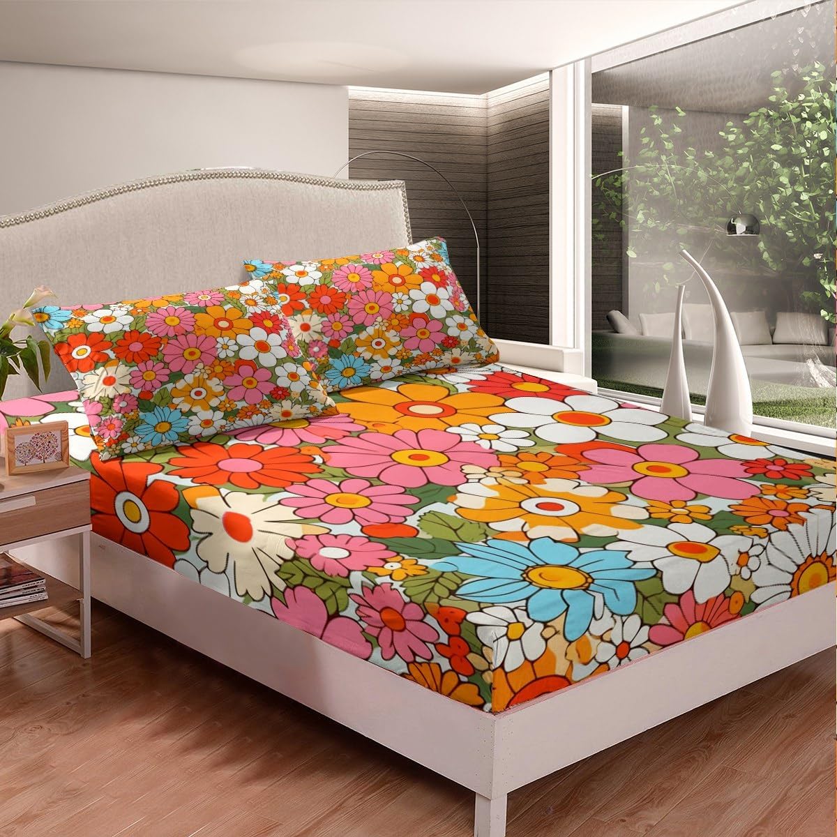 Feelyou Groovy Flower Sheets with Deep Pocket Fitted Sheet 60S 70S 80S Hippie Flowers Bohemian Sheet Set Retro Floral Boho Bed Sheets Set for Kids Microfiber Bedding Set Room Decor King Size