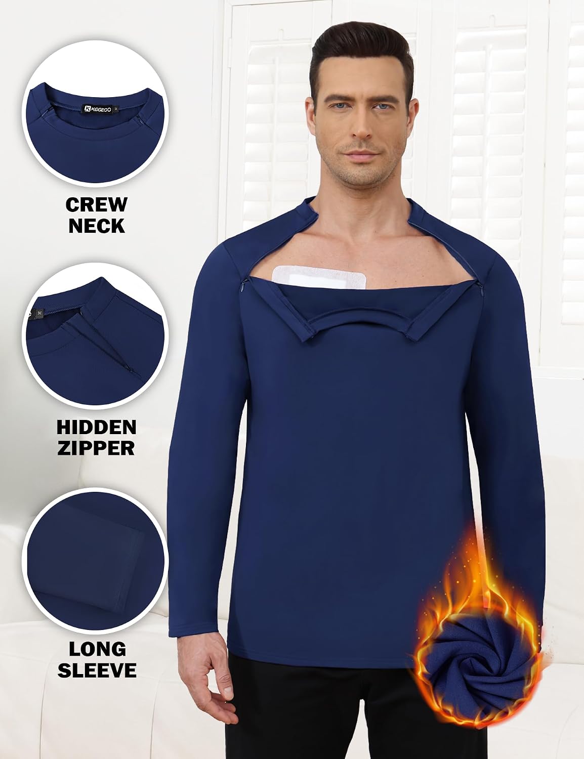 Fleece Lined Unisex Chemo Shirts for Port Access Long Sleeve Shoulder Surgery Zippers Off Shirt Thermal Dialysis Shirt