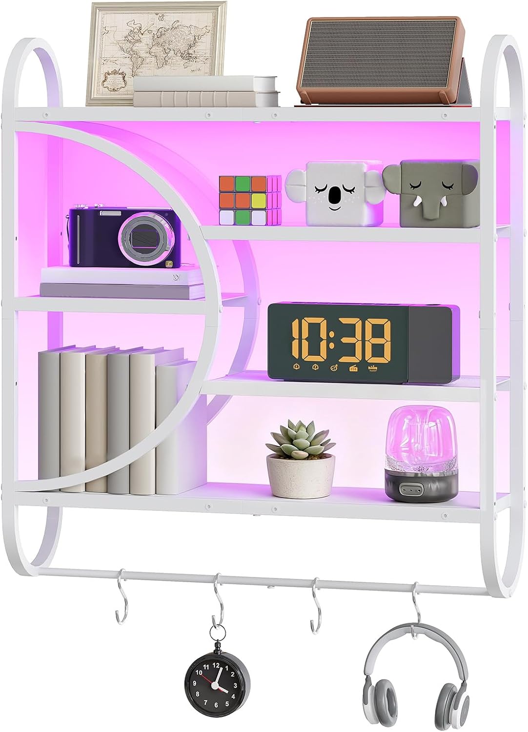 HOOBRO Gaming Floating Shelves with LED Lights, 28.9" LED Wall Mounted Shelf, 5-Tier Display Rack for Wall Storage, Floating Rack with Hanging Rod and 4 S-Hooks, for Game Room, White WT50DBJ01