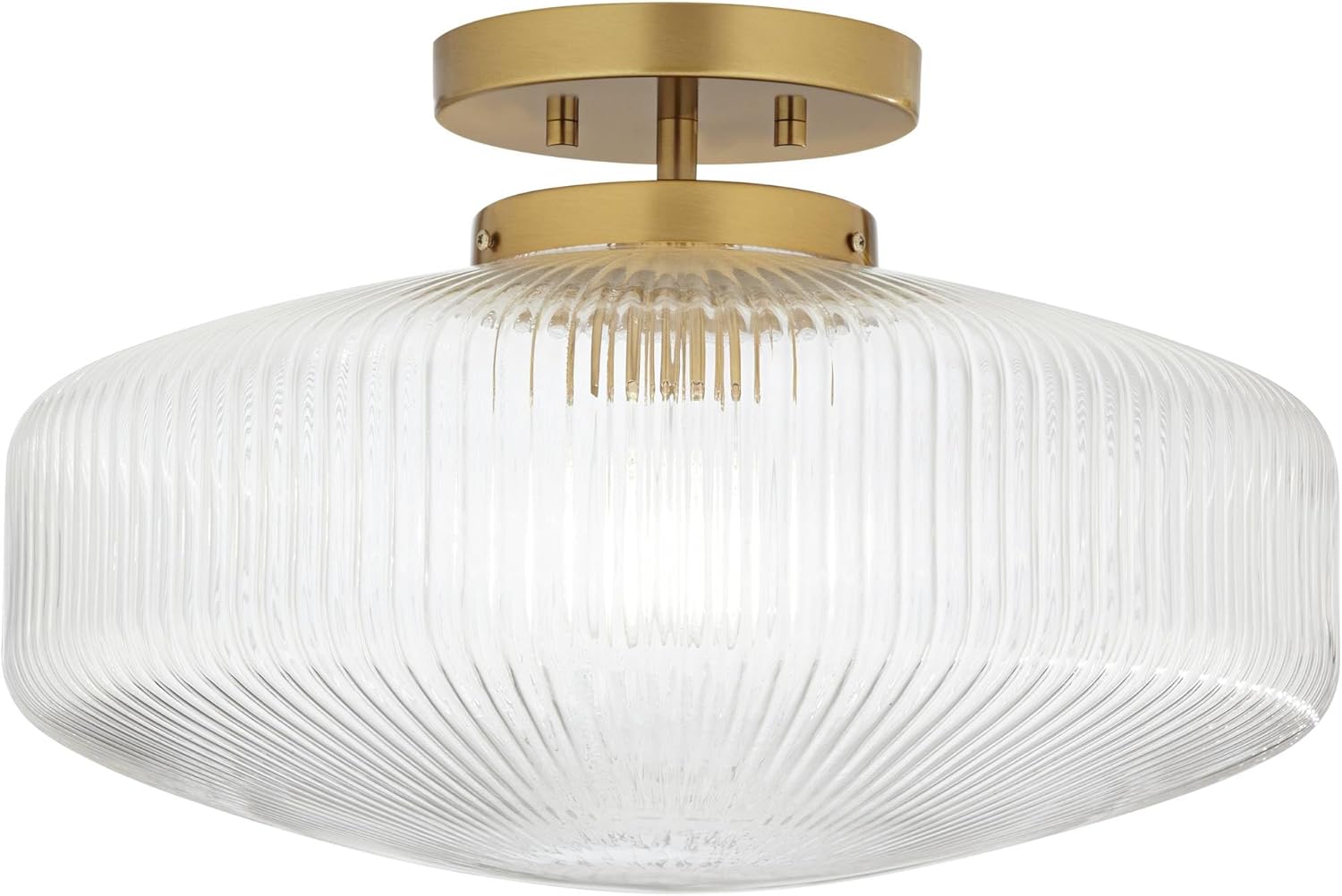 Possini Euro Design Brianna 16" Modern Semi Flush-Mount Ceiling Light Fixture Kitchen Foyer Hallway Round Warm Brass Finish Ribbed Glass Bedroom Bathroom Entryway Living Room Indoor Small