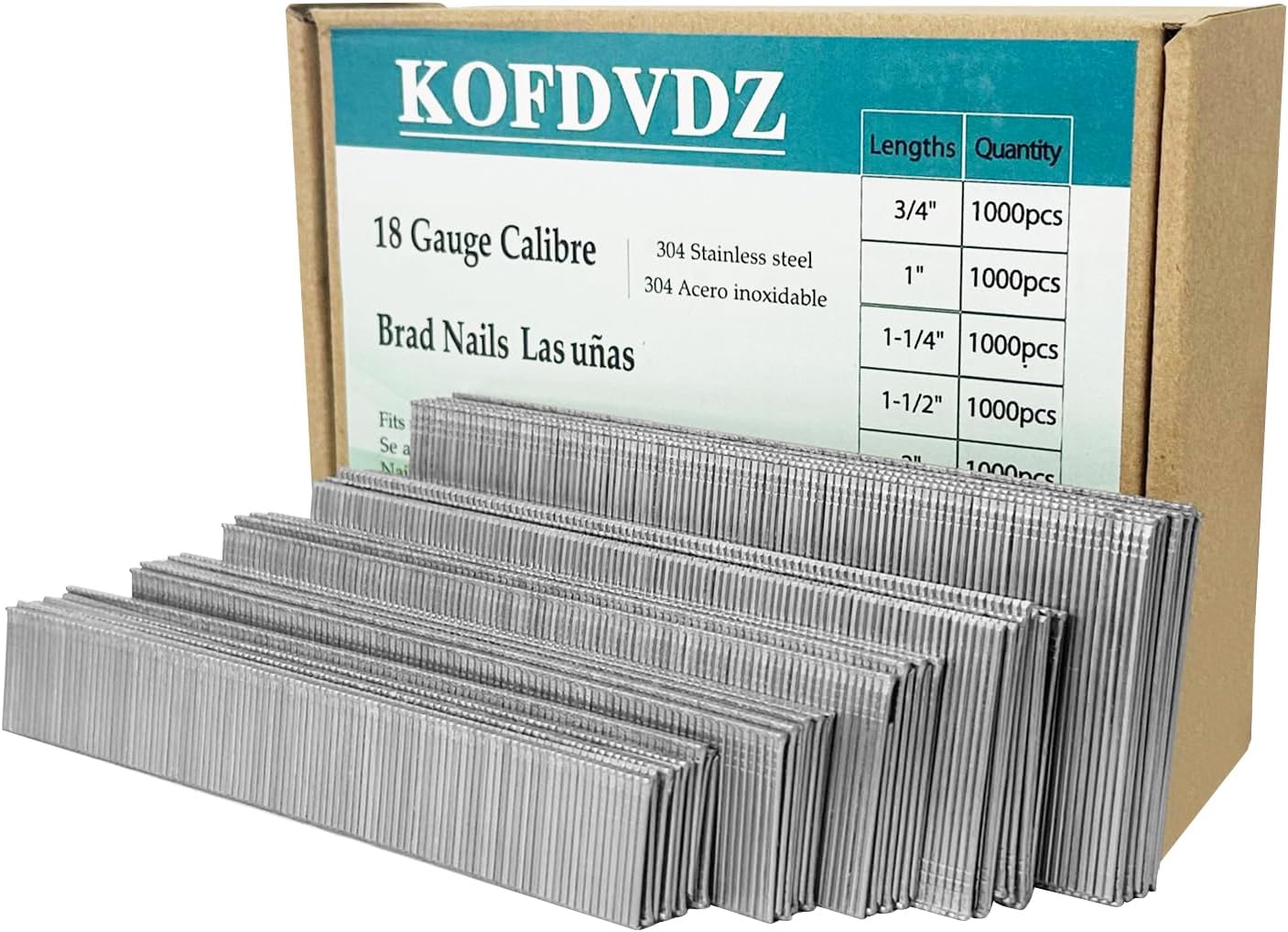 18GA Brad Nails, 304 Stainless Steel Small Finishing Nail Gun Nails for Pneumatic, Electric Brad Nailer Guns, Convenient For a Variety of Work Projects ((3/4"+1"+1-1/4"+1-1/2"+2" -5000 pcs))