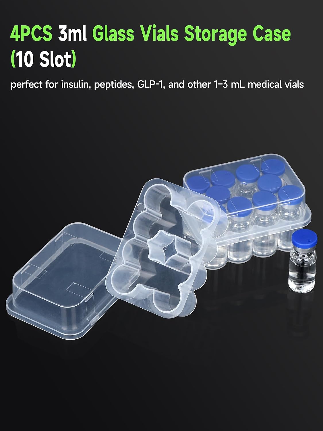 Leng Ke 4-Pack Peptide Case for Fridge, 3ml Vial Holder for Refrigerator, 10-Slot Insulin & Peptide Holder Each, Transparent 1-3ml Vial Storage Case for Diabetic Care
