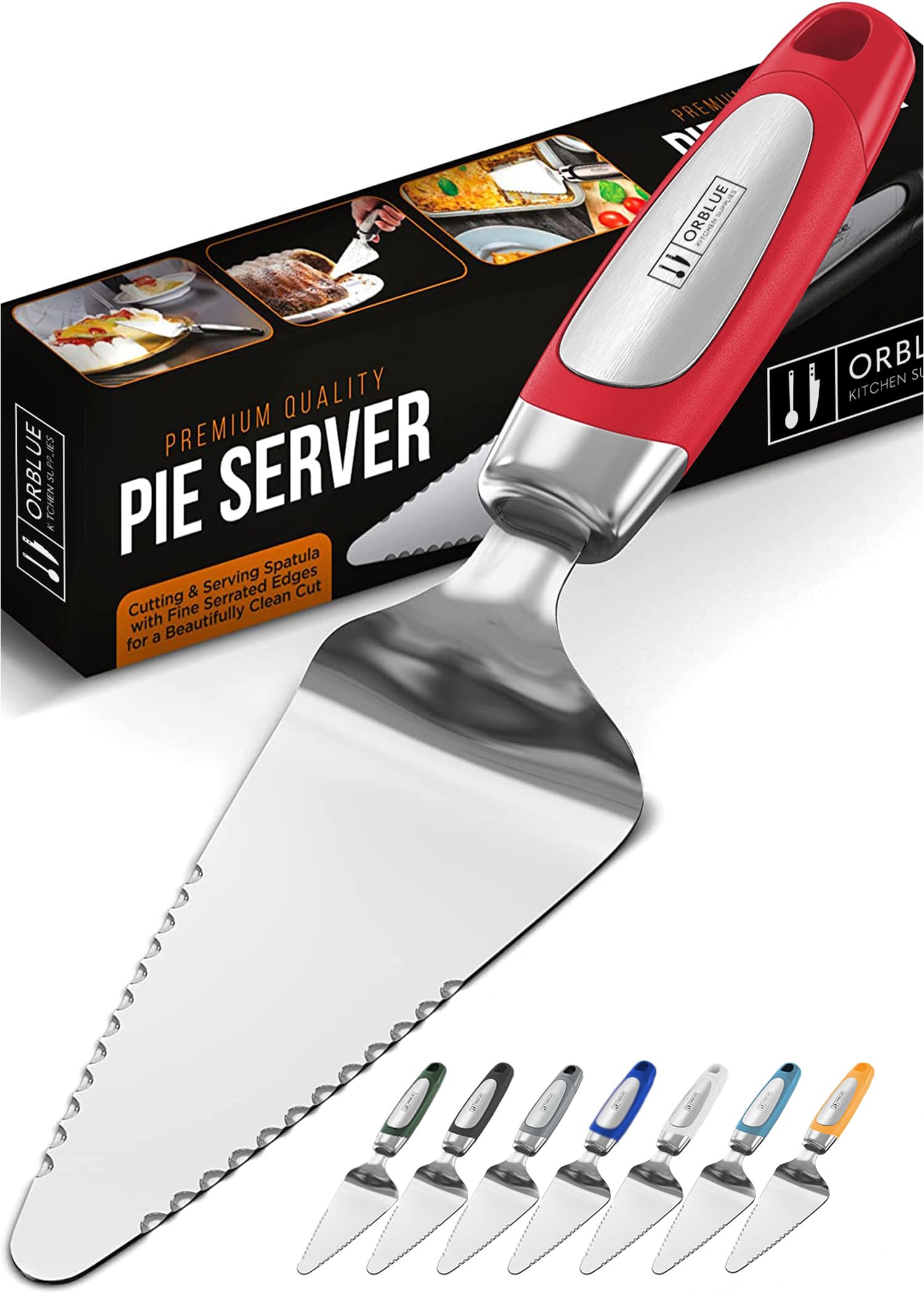 Orblue Pie Server, Essential Kitchen Tool, Serrated on Both Sides, Great for Right or Left Handed Chef, Stainless Steel Flatware, Cake Cutter, Red