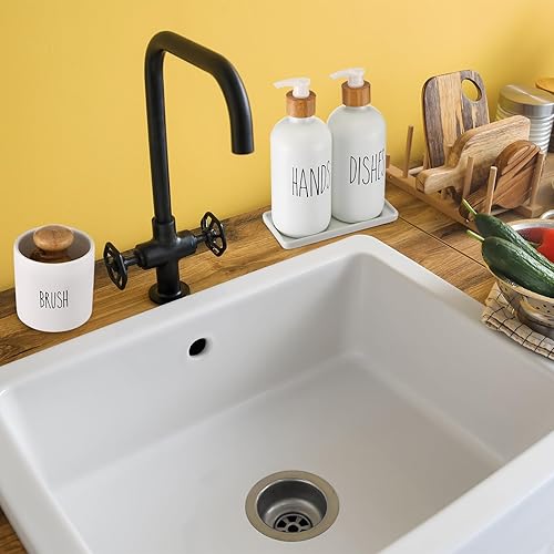 Miniatura 5 de Sunnyray Juego de 5 dispensadores de jabón de cocina, dispensador de jabón de vidrio para platos y dispensador de jabón de manos con bandeja,