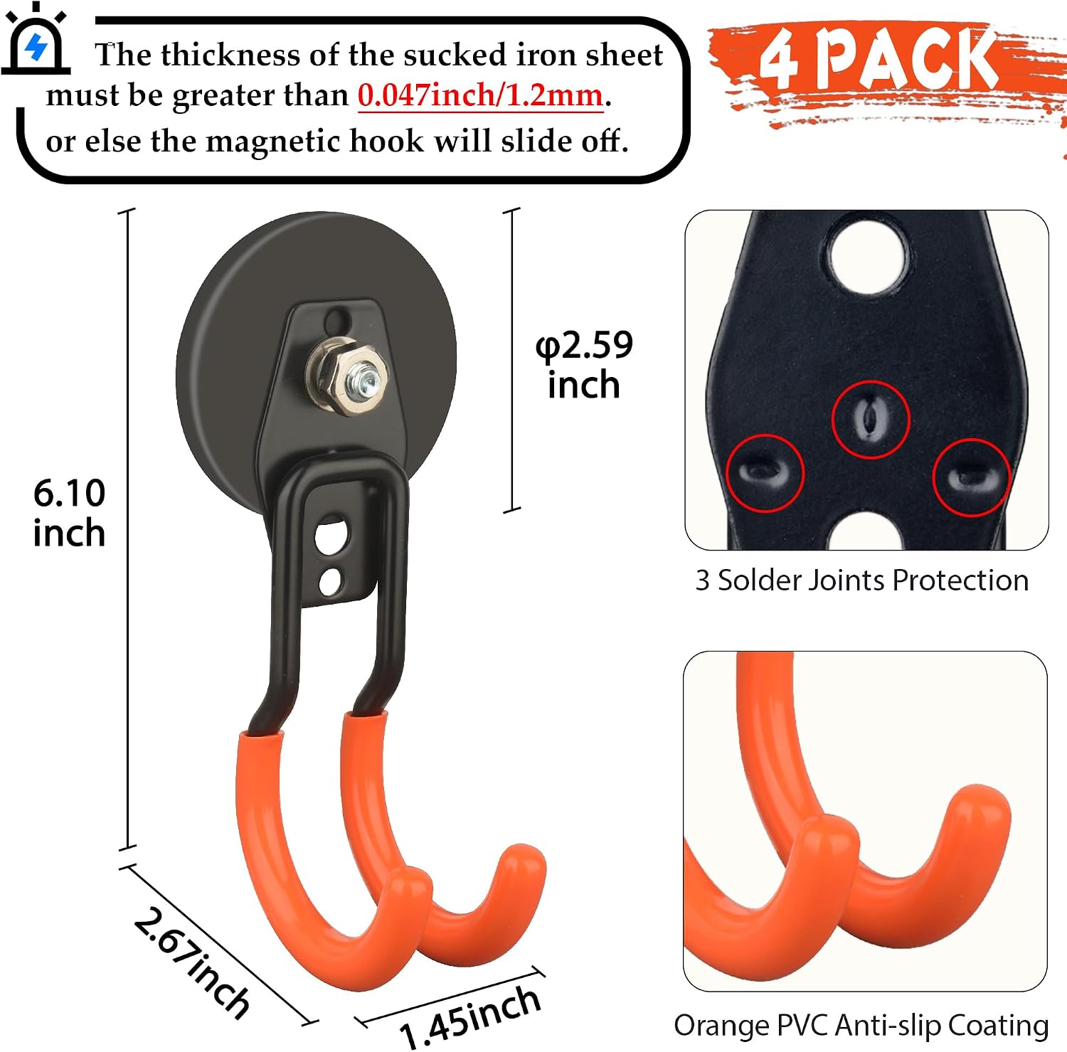 ULIBERMAGNET New Upgraded Garage Strong Magnetic Hooks, 4 Pack Heavy Duty Large J Hooks with Magnet, Anti-Slip Coating Magnet Hooks for Garden Tools, Ropes,Drill