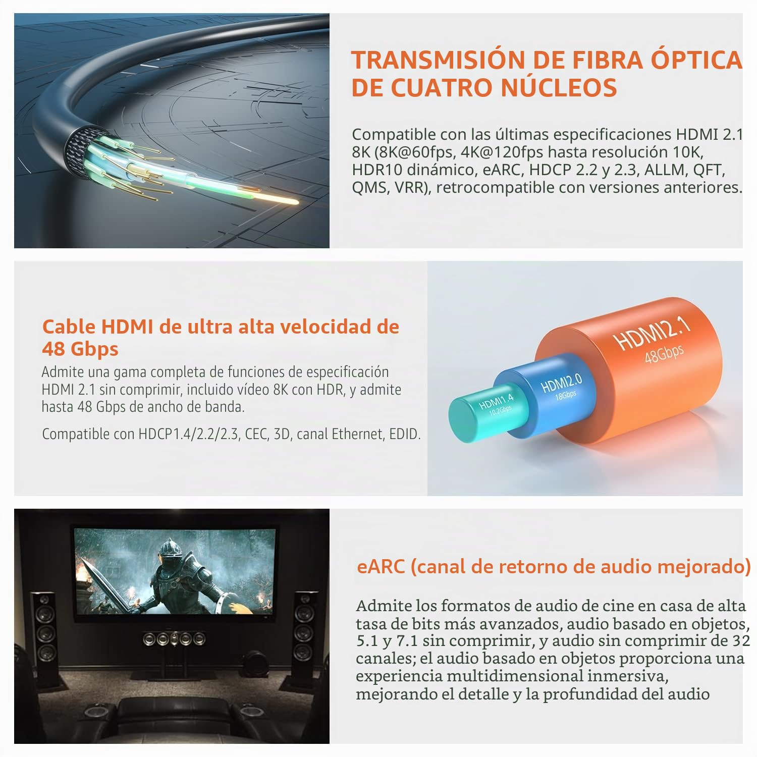 RUIPRO Cable HDMI 2.1b 8K de fibra óptica, CL2, Ultra High Speed, 10 m | 4K@120Hz, VRR y ALLM ofrecen gaming fluido; eARC aporta audio envolvente para PS5, Xbox y sistemas de cine en casa