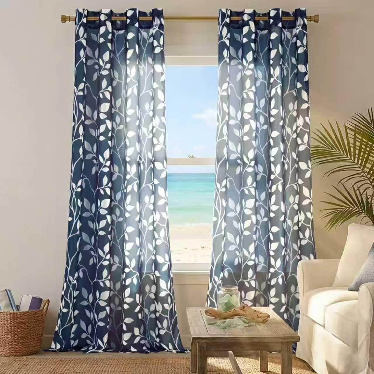 XTMYI Blue Curtains 108 Inches Long for Living Room Set of 2 Grommet Top Semi Sheer Leaf Printed Design Patterned Extra Long Curtains for Bedroom Wide