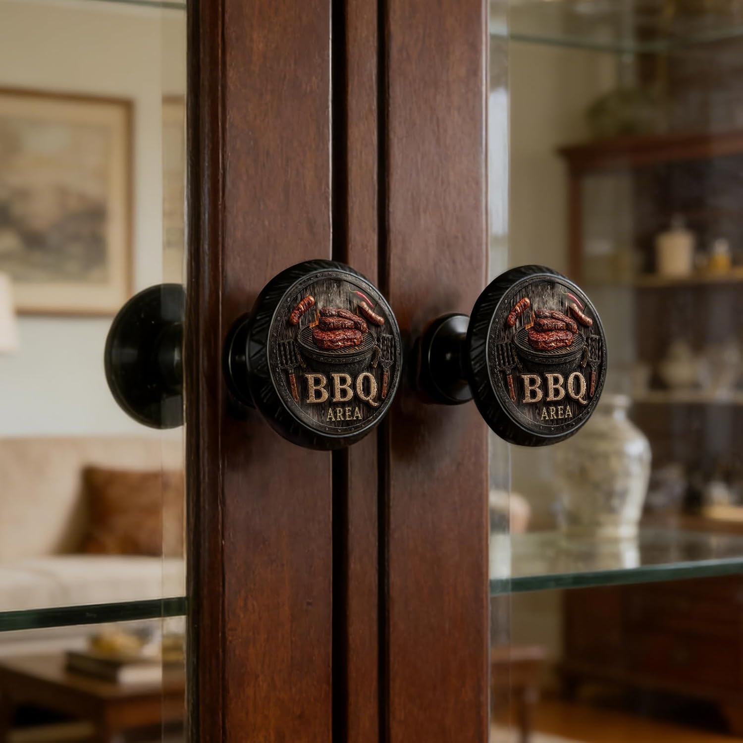 Yiruhe 4 Pack BBQ Area Funny Kitchen Cabinet Knobs Acrylic Round Drawer Pulls for Dresser Cupboard Door Handles