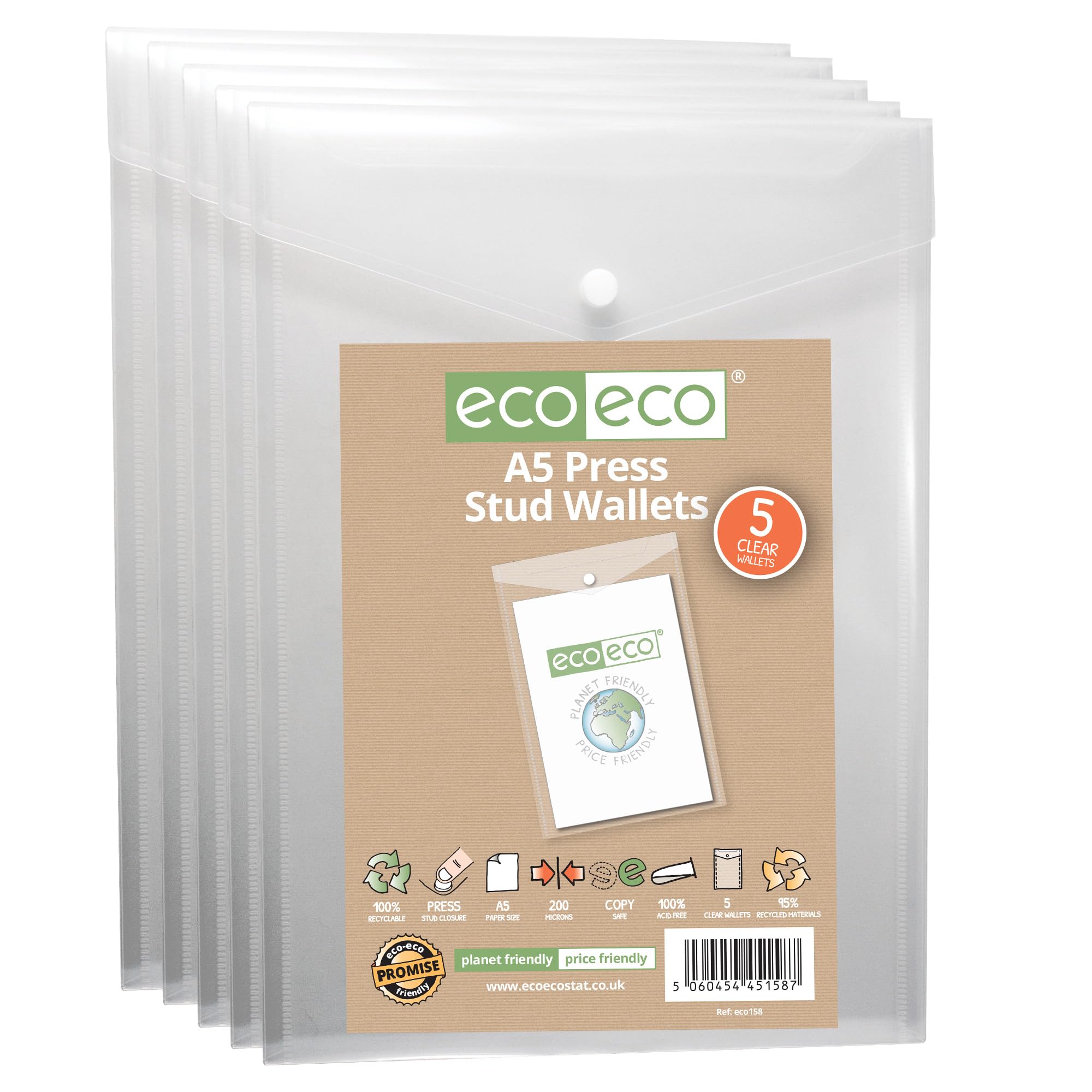 Eco-Eco A5 Portrait Press Stud Wallets, Clear 5 Pack