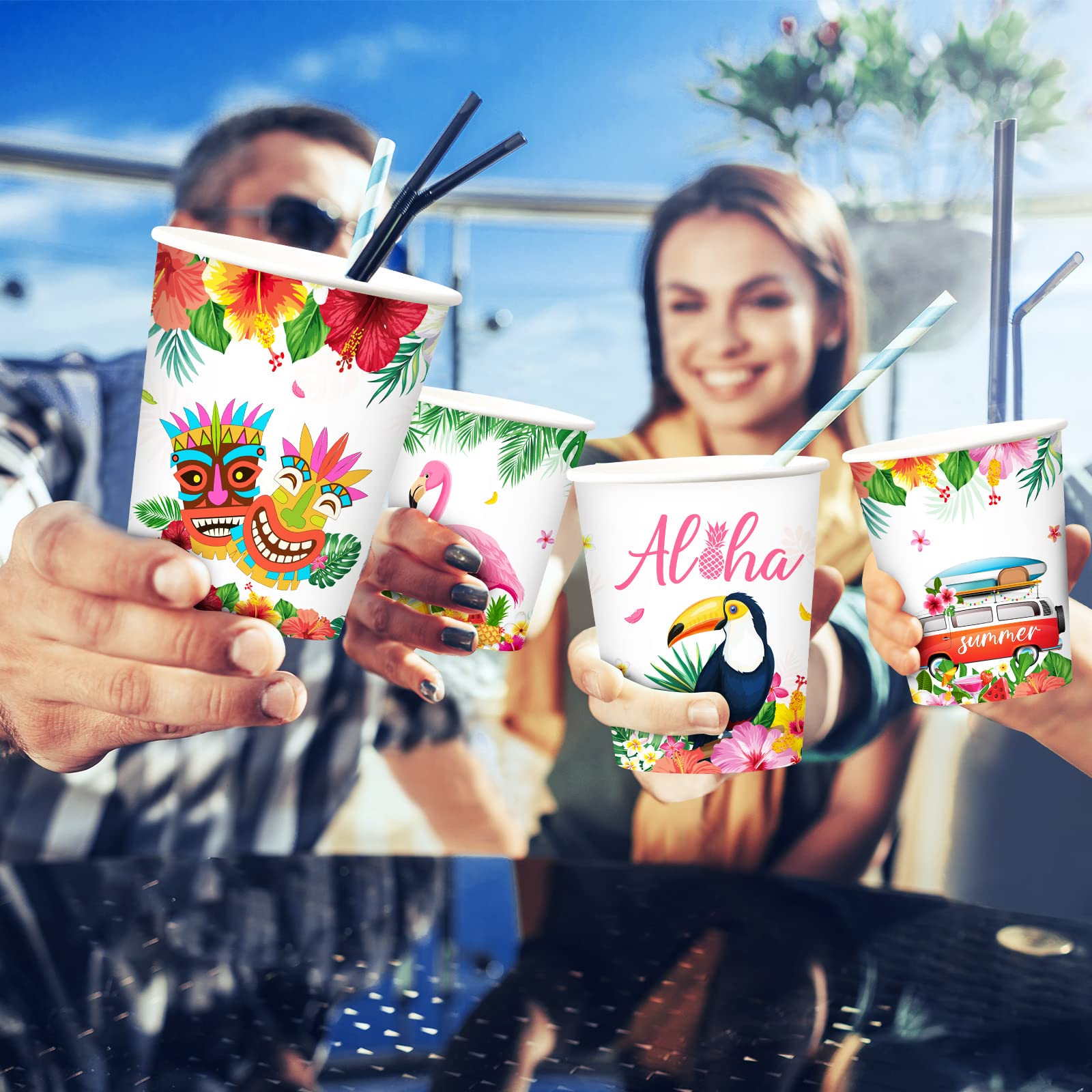 Roshtia 100 Pieces Summer Party Paper Cups Bulk 9 Oz Hawaiian