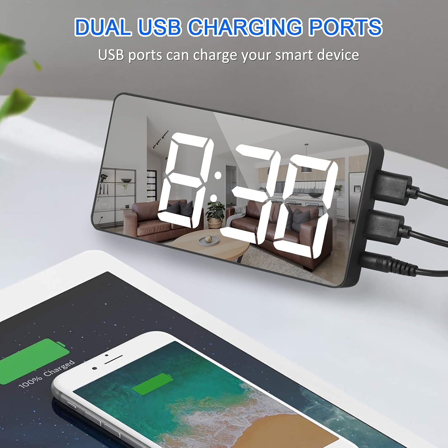 WulaWindy Digital Alarm Clock Large Mirrored LED Clock Snooze Function Dimming Mode Beside Clock for Bedroom Decor -Black