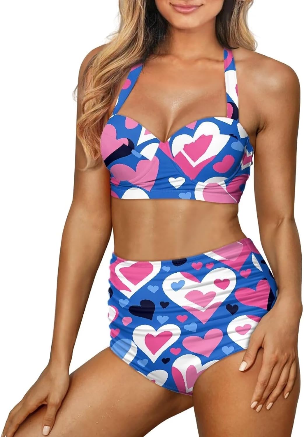 Women's Triangle Bathing Suit Two-Piece Beach Swimsuit High Waisted Tie Halter Bikini Set Bathing Swimwear XS-2XL