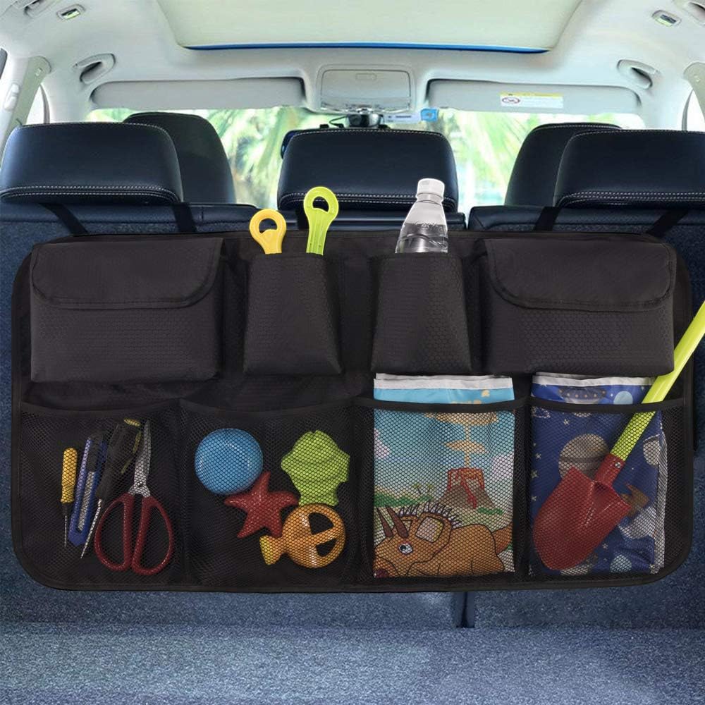 QUEES Trunk Back Seat Organizer Car Storage Auto Organizer for SUV Van Container 8 Large Pockets Car Organization Collapsible Compartment Mesh Black
