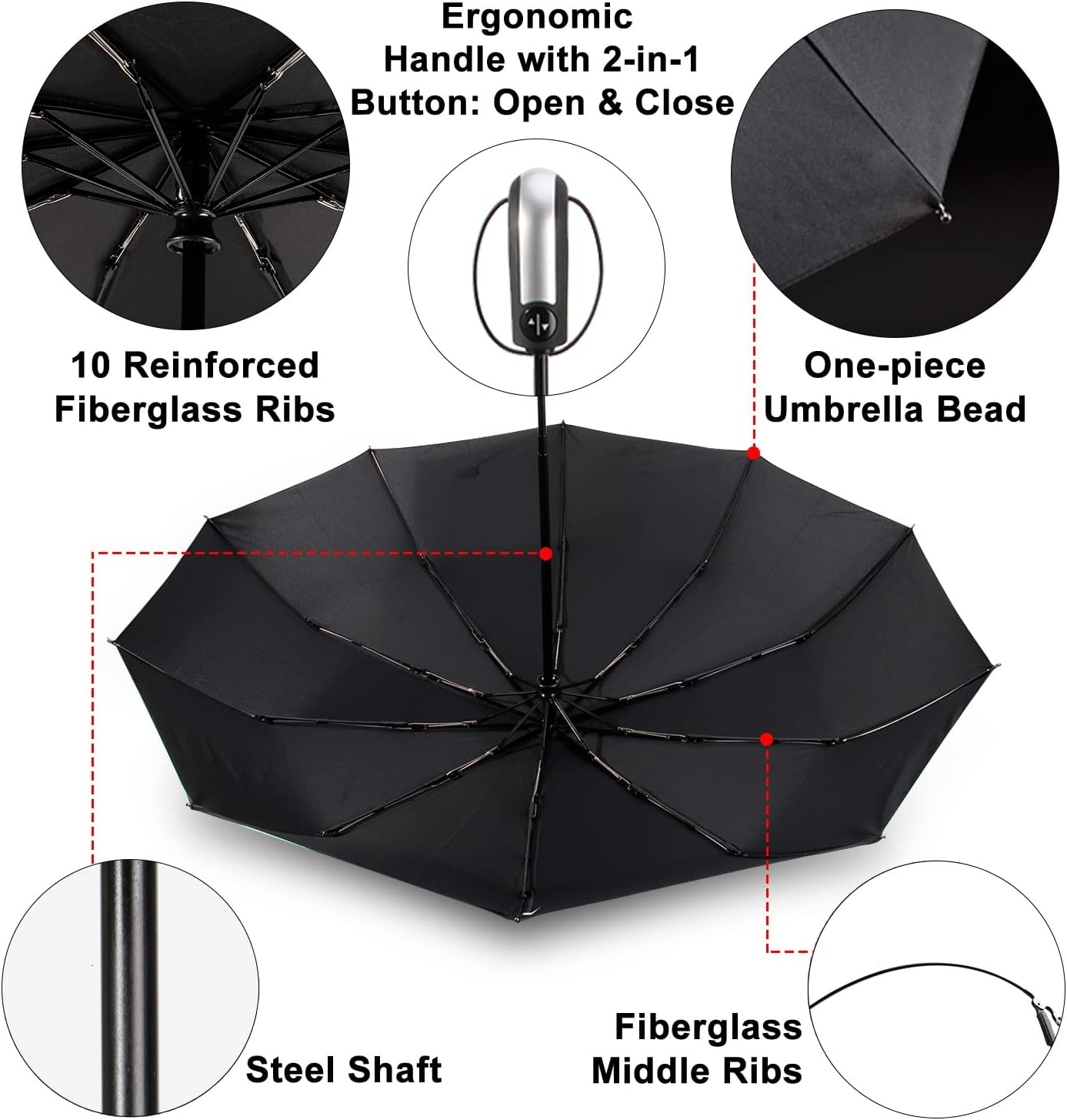 TradMall Travel Umbrella Windproof with 56 Inches Large Canopy 10 Reinforced Fiberglass Ribs Ergonomic Handle Auto Open & Close, Black - Image 4