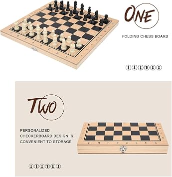 3 in 1 Wooden Chess/Checkers/Backgammon Set, Professional Portable Wooden Chess Set with Folding Chess Board Exquisite Interactive Wooden Chess Board Game for Adults Kids(S)