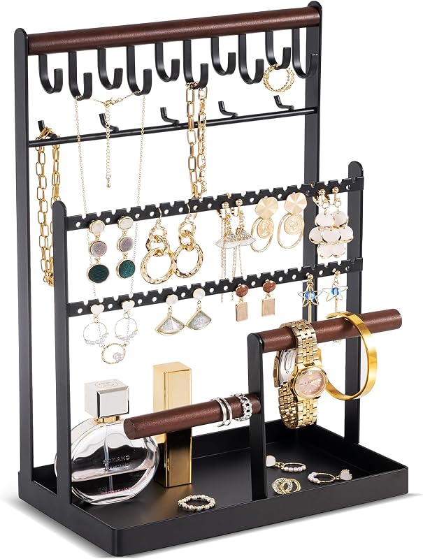 Soporte de collar organizador de joyas ProCase, soporte de collar de joyas de 6 niveles con 15 ganchos, árbol de almacenamiento de estantes de exhibición de torre de joyas para pulseras Pendientes Anillos - Negro