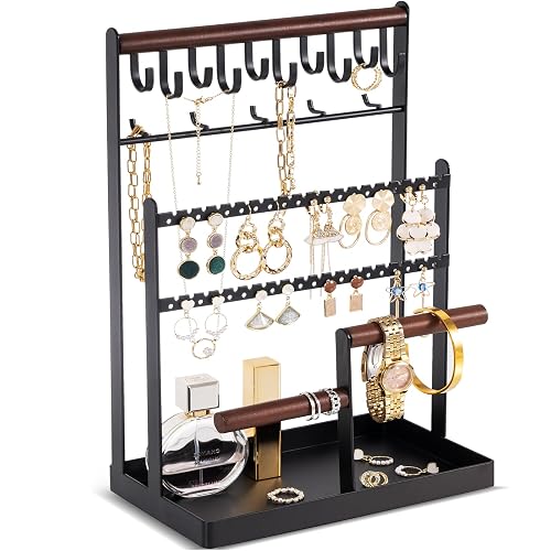 ProCase Jewelry Organizer Stand Necklace Organizer Earring Holder, 6 Tier Jewelry Stand Necklace Holder with 15 Hooks, Jewelry Tower Display Rack Storage Tree for Bracelets Earrings Rings -Black