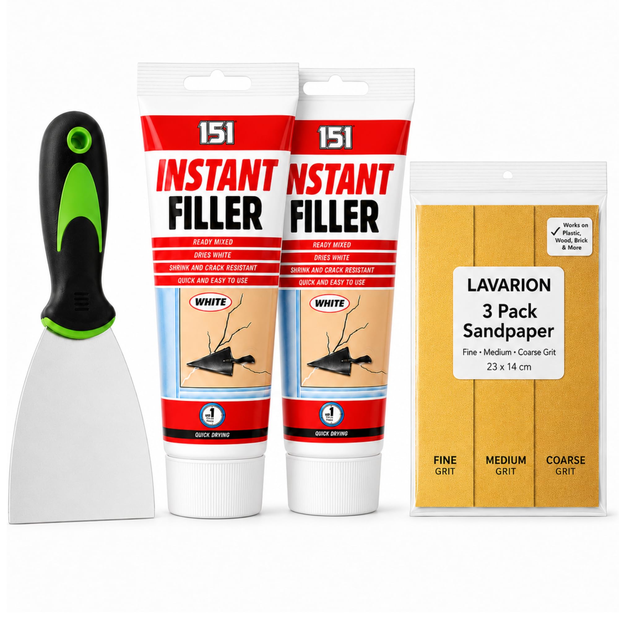 Wall Filler Repair Kit – 2 x 151 Quick Drying Instant Filler with Lavarion Scraper and 3 Pack Sandpaper – Ready Mixed Wall Repair for Interior & Exterior Holes, Cracks, Plaster, Brick, Wood and Stone